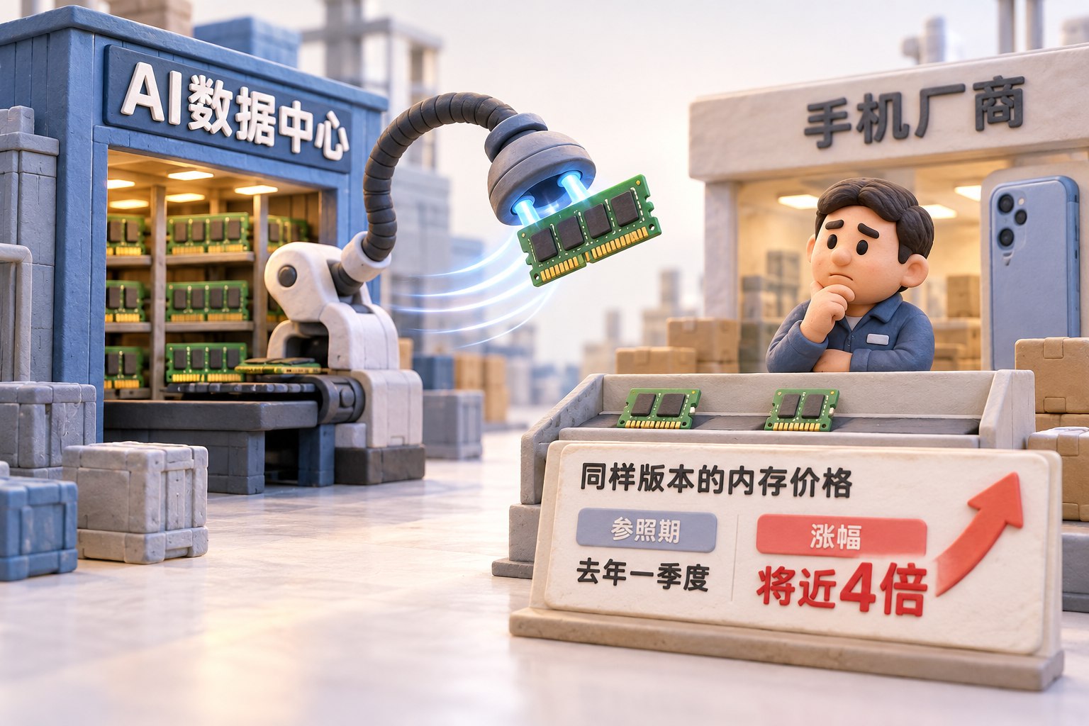 一枚立体手机零件从标着“AI数据中心”的仓库被吸走，另一侧手机厂商面对稀少的内存模块与上扬的成本牌；把产能竞争画成关系，不画具体出货量