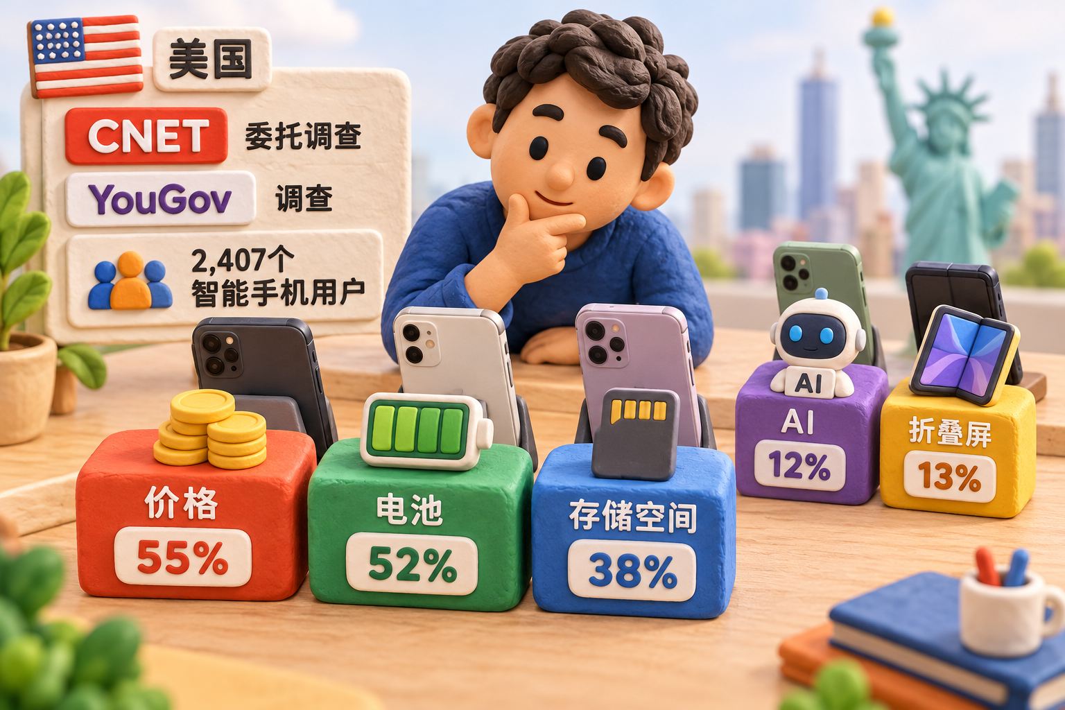 微缩桌面上，一位受访者在几部手机前把价格、电池和存储空间的立体选项排在前排，AI与折叠屏选项放在后排；这些是美国CNET委托YouGov调查的换机因素，不画成中国用户统计