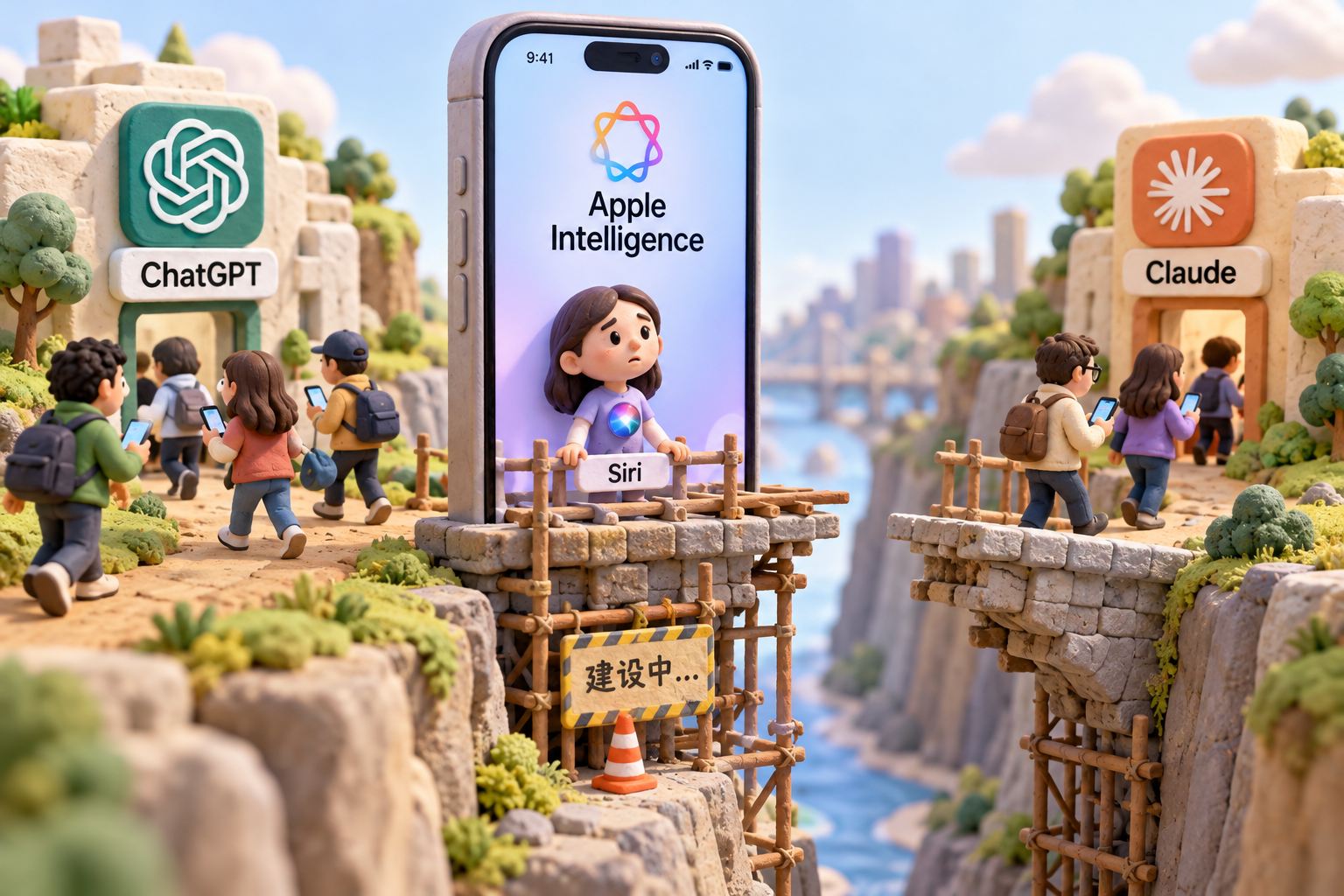 一部立体iPhone竖在画面中央，屏幕上的Siri站在尚未做完的桥边，手机旁的ChatGPT与Claude应用入口仍有人使用；画出苹果AI未能挡住独立应用的观点，不把据报道的功能画成已经上线