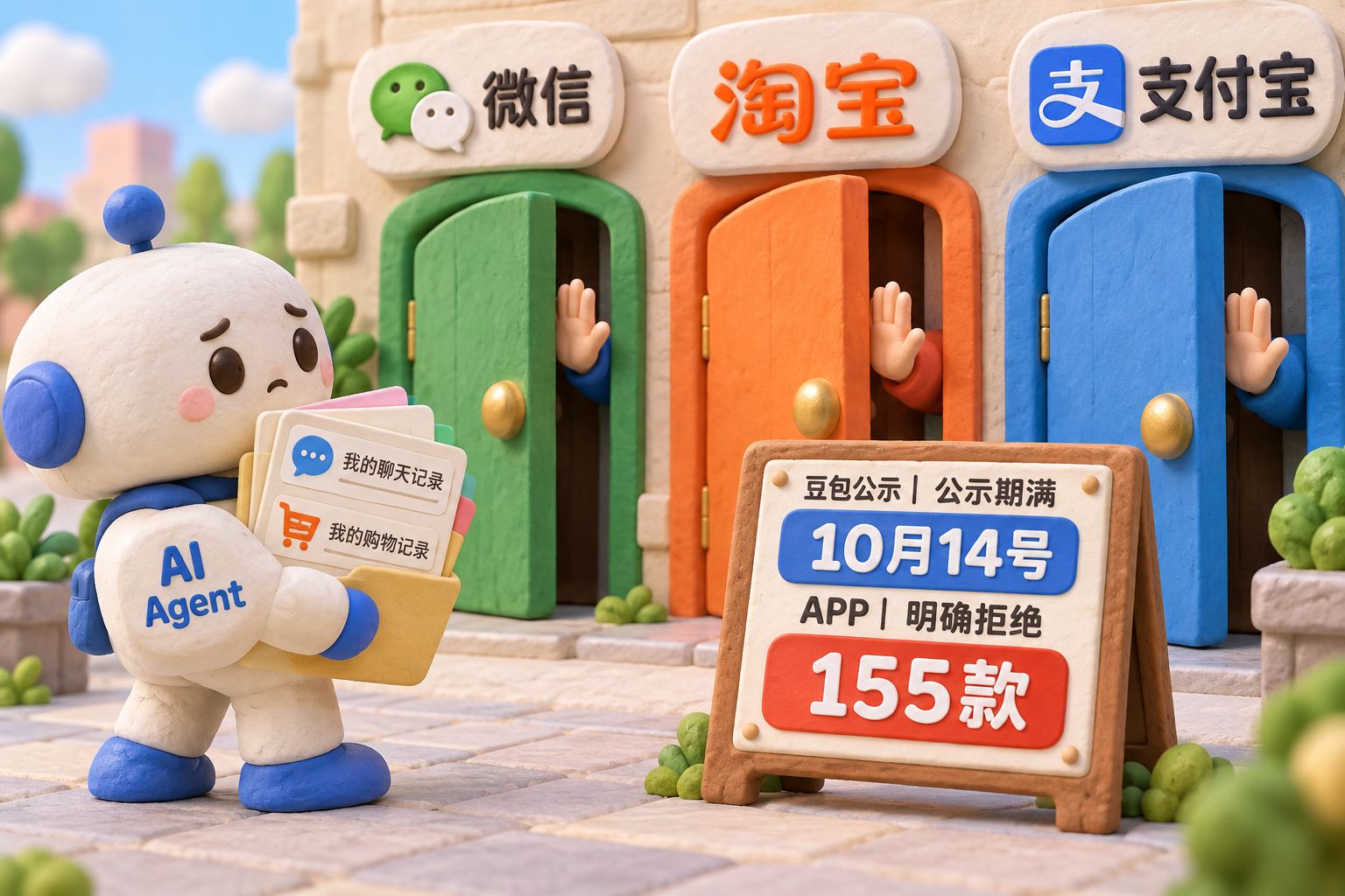 一只写着“AI Agent”的橡皮泥小助手拿着用户自己的聊天和购物记录，站在几扇写着“微信”“淘宝”“支付宝”的应用门前，门内的手把门关上；画面表达正文所述拒绝替用户操作，避免描绘为数据已经被泄露