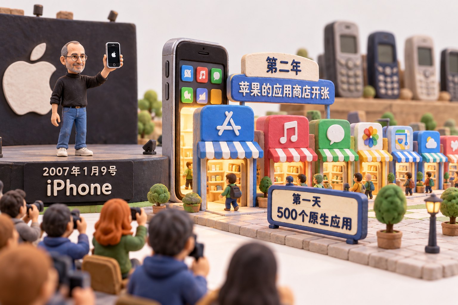 乔布斯在微缩发布台举起早期iPhone，台前一排原生应用从手机里长成小商店，远处摆着带实体按键的旧功能机；表现新的应用场景改变手机用途，不做未经正文支持的销量对比