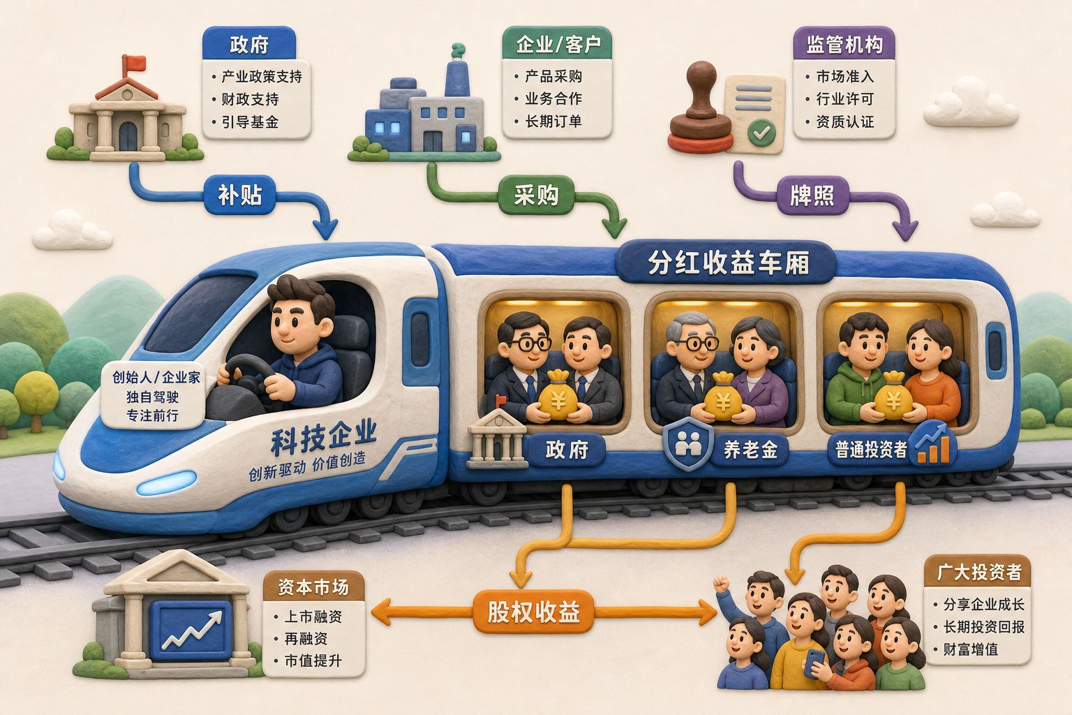 政府、养老金和普通投资者坐在收益车厢里领取分红,创始人单独握着前方方向盘驾驶科技列车,车外标注补贴、采购、牌照和股权收益的交换路径,浅色背景的商业评论版橡皮泥平面信息图的统一风格。
