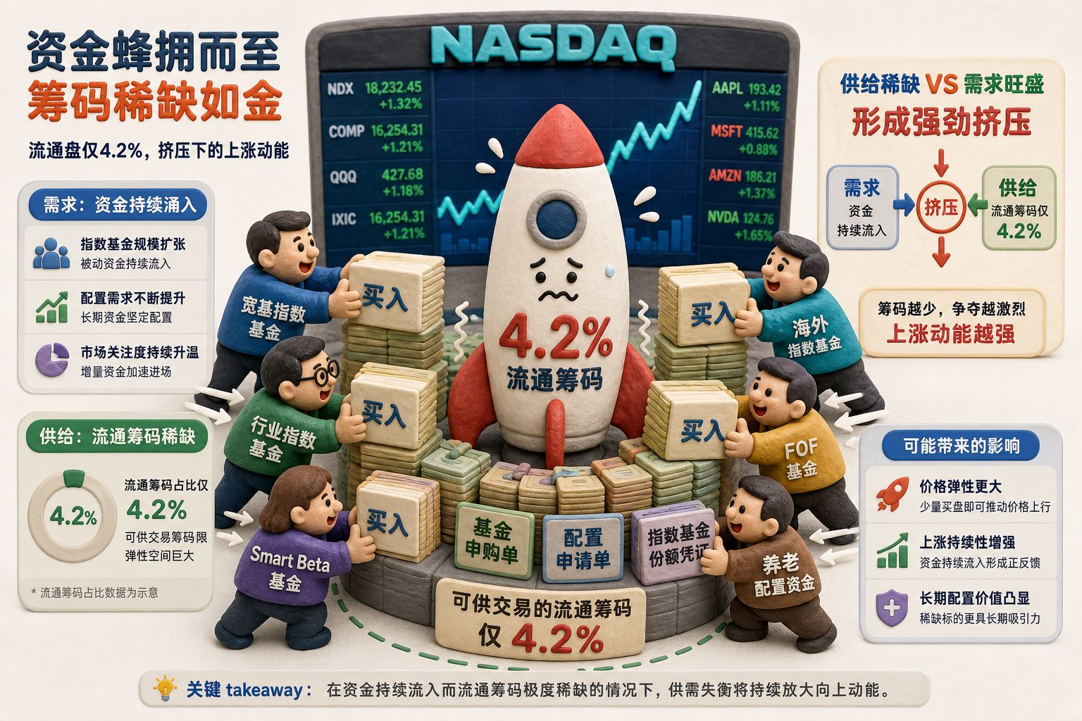 纳斯达克大屏前一枚橡皮泥火箭模型正被资金票据和指数基金小人围住,画面中央突出“4.2%流通筹码”的紧张供需关系,浅色背景的商业评论版橡皮泥平面信息图的统一风格。