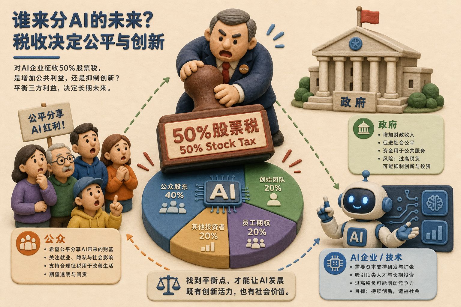 一位参议员小人把写有“50%股票税”的巨大印章按向 AI 公司股权饼图,旁边公众小人、机器人和政府大楼围成三角构图,浅色背景的商业评论版橡皮泥平面信息图的统一风格。