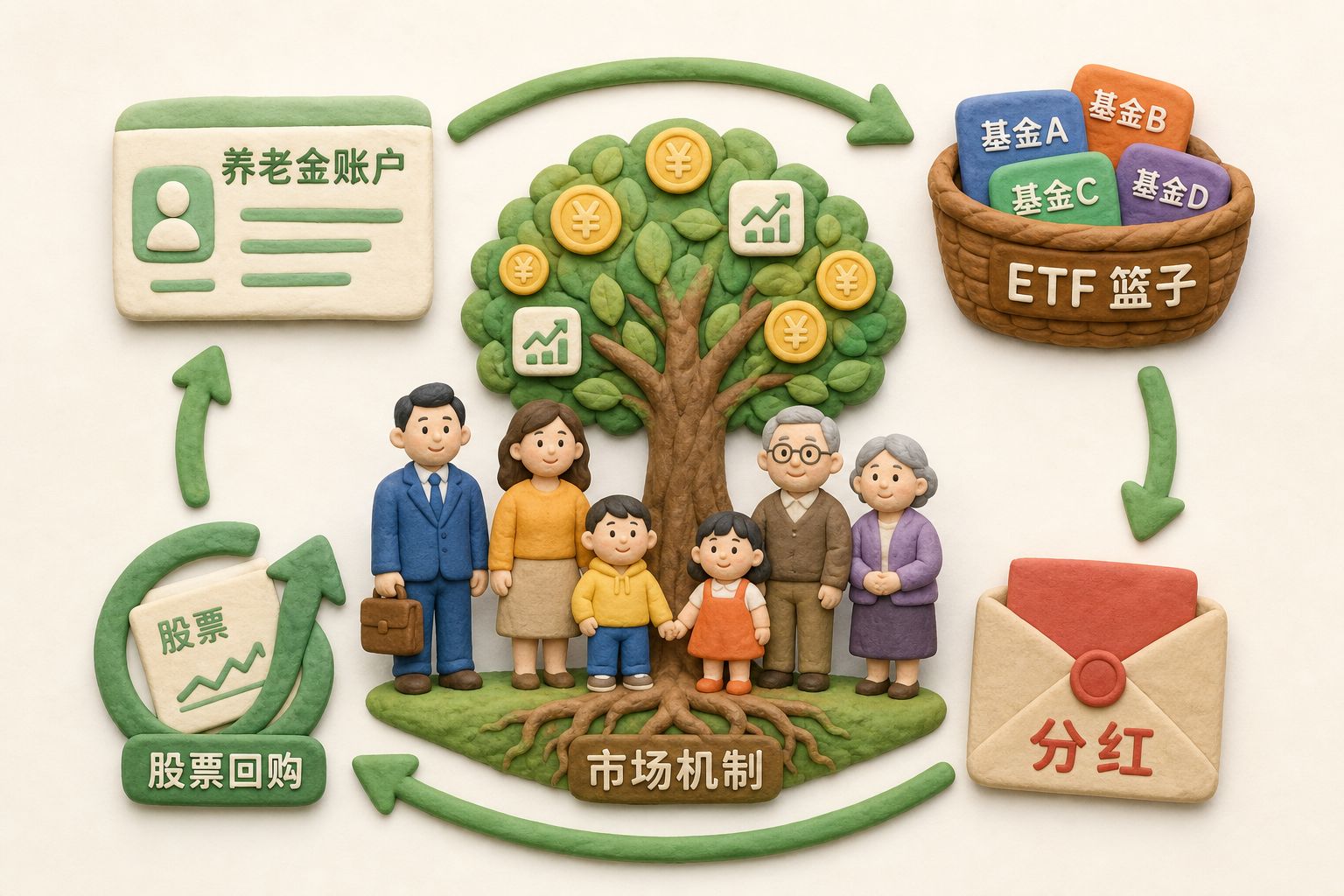 养老金账户、ETF 篮子、分红信封和股票回购箭头围绕一群普通家庭小人循环流动,中心是一棵由市场机制长出的收益树,浅色背景的商业评论版橡皮泥平面信息图的统一风格。