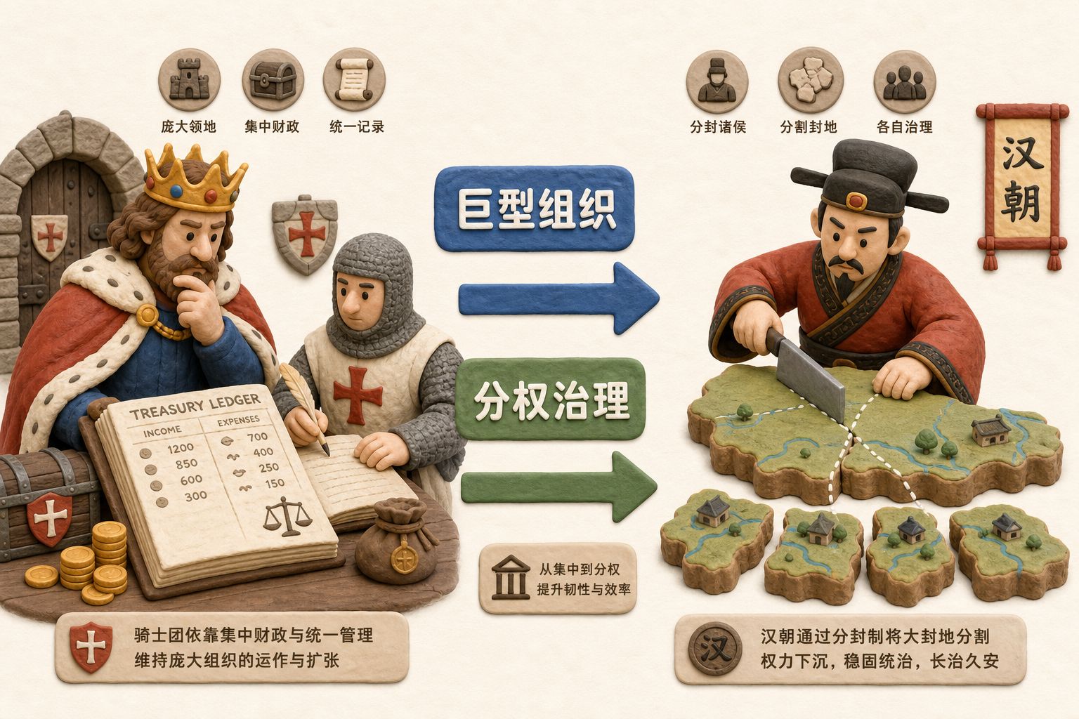 左侧中世纪国王面对骑士团金库账本,右侧汉代官员把一块大封地切分成多个小封地,中央用箭头连接“巨型组织”与“分权治理”,浅色背景的商业评论版橡皮泥平面信息图的统一风格。