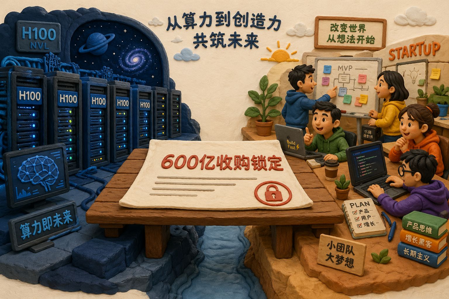 深色太空机房与创业公司办公室被一纸巨额收购承诺连接在一起，左侧是堆满H100服务器的冷蓝色机柜，右侧是写满代码的显示器和几位年轻创始人，中央一份“600亿收购锁定”文件摊开在木桌上，带有戏剧性的开场构图，羊皮纸，钢笔彩色手绘的统一风格。