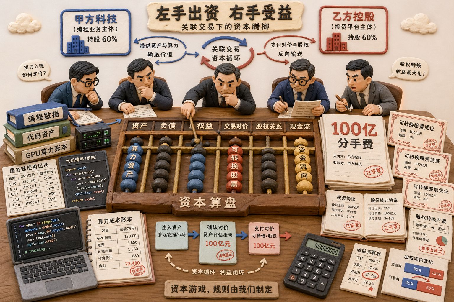 一张复杂的资本算盘铺满桌面，左边是编程数据卷宗、GPU算力账本，右边是“100亿分手费”与可转换股票凭证，几位投资人围坐计算，展示左手倒右手的关联交易气质，羊皮纸，钢笔彩色手绘的统一风格。
