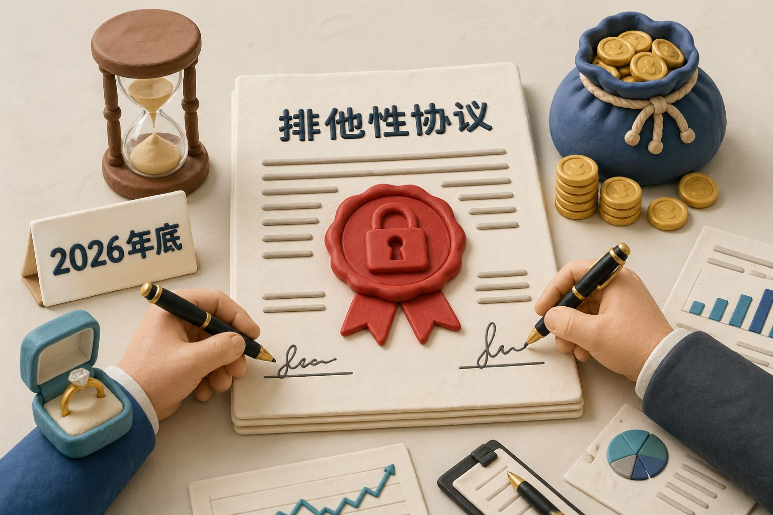 一张带蜡封的排他性协议摊在桌面上，两只手准备签字，旁边摆着沙漏、金色硬币袋和写着“2026年底”的小卡片，画面隐喻试婚与锁定期，近景俯视视角，羊皮纸，钢笔彩色手绘的统一风格。