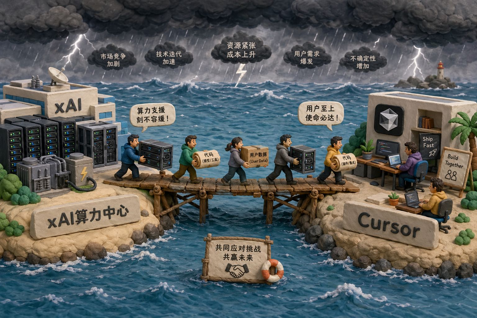 两座孤立的小岛分别写着“xAI算力中心”和“Cursor”，中间搭起一座临时木桥，桥上有人搬运服务器机箱、代码卷轴和用户数据箱子，远处海面阴云压顶，象征两边互相救急，羊皮纸，钢笔彩色手绘的统一风格。
