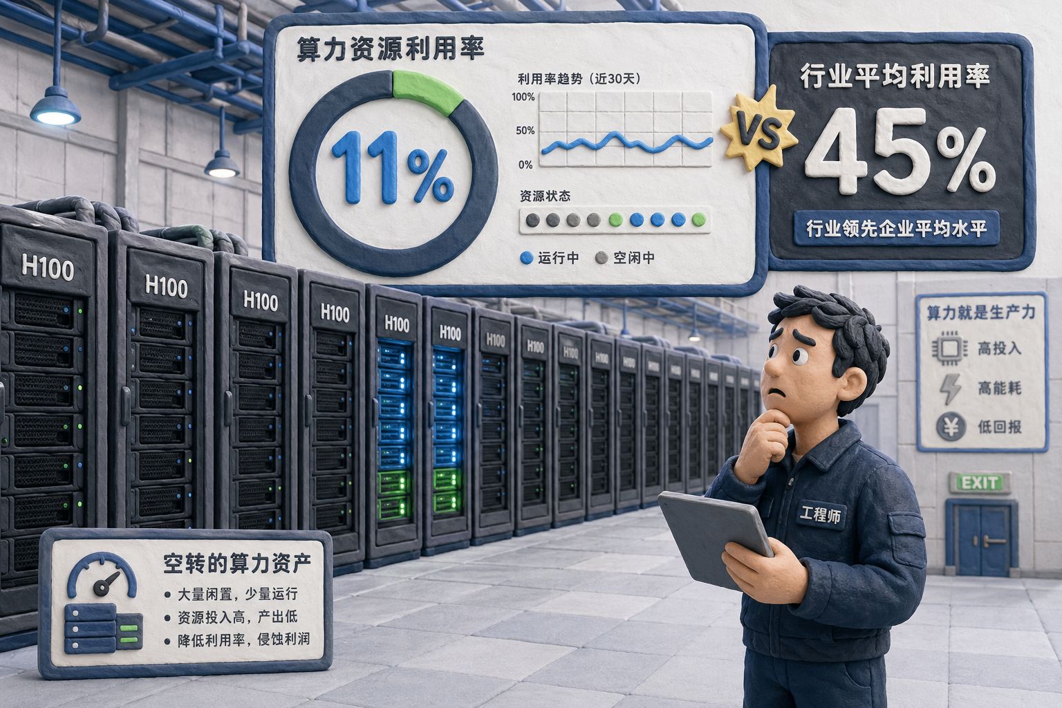 巨大的服务器机房里成排H100机柜大多熄灯，只有少量机架亮起，墙上仪表盘清楚显示“11%”对比一旁标注“行业45%”，工程师站在冷光中显得焦虑，强调空转的算力资产，羊皮纸，钢笔彩色手绘的统一风格。