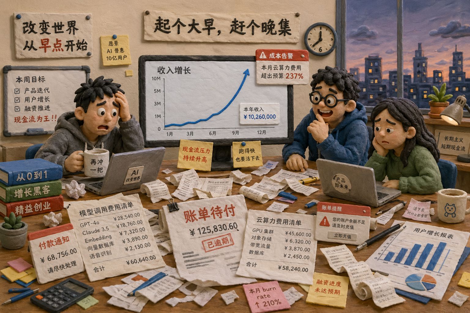 一间创业公司办公室里，四位年轻创始人围在显示器前，屏幕上是高速增长的收入曲线，但桌面上同时堆着账单、模型调用费用单和告警红字，窗外天色将晚，表现“起个大早赶晚集”的落差，羊皮纸，钢笔彩色手绘的统一风格。