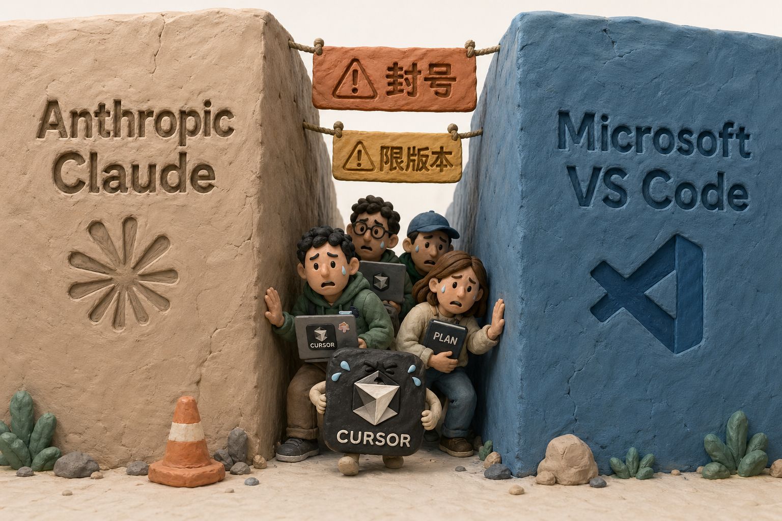 一个被夹在两堵高墙之间的小型开发工具图标，左边高墙刻着“Anthropic Claude”，右边高墙刻着“Microsoft VS Code”，中间狭窄通道里Cursor团队抱着笔记本艰难前行，上方还有“封号”“限版本”告示，羊皮纸，钢笔彩色手绘的统一风格。