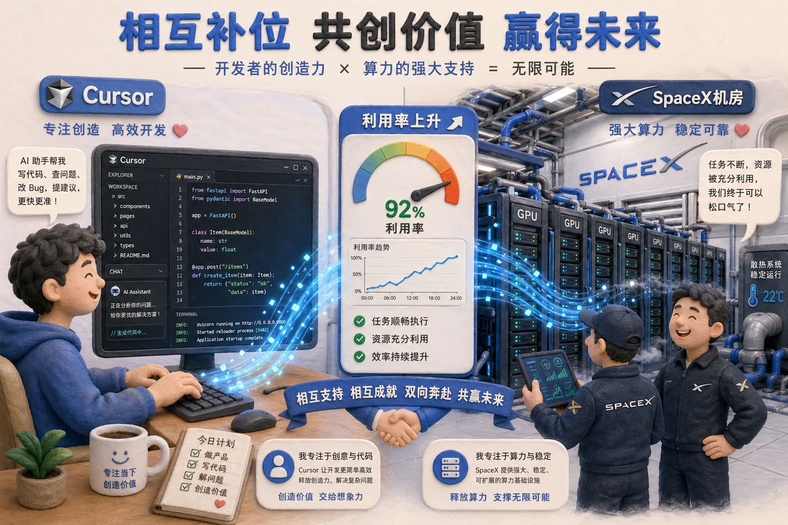 Cursor 的代码编辑界面与 SpaceX 的大型机房在同一画面中拼接，发光的数据流从开发者键盘涌向成排GPU服务器，利用率仪表快速上升，两边人物都露出松一口气的神情，表现相互补位，羊皮纸，钢笔彩色手绘的统一风格。