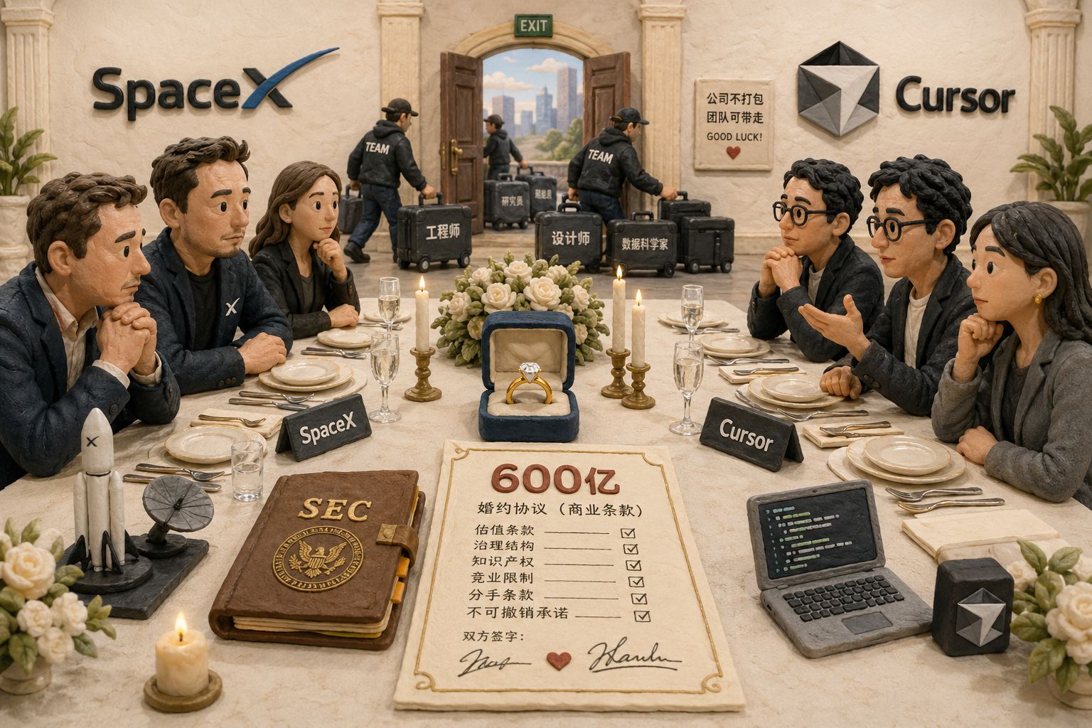 一场“试婚”式商务宴会，长桌两端分别坐着SpaceX与Cursor代表，桌上摆着订婚戒指、SEC文件夹和一张写着“600亿”的婚约，背景里有人悄悄搬走团队成员的行李箱，暗示最终只带走团队不带走公司，羊皮纸，钢笔彩色手绘的统一风格。