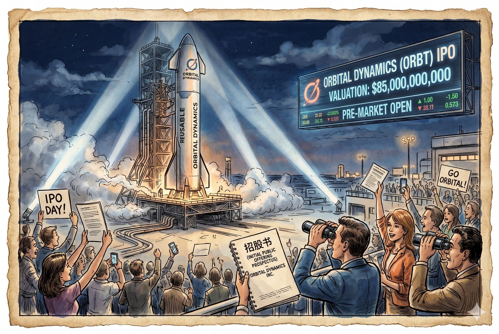 夜色中的发射场上，一枚巨大的可回收火箭立在探照灯与薄雾中，远处电子屏闪烁着IPO与估值数字，前景是举着招股书和望远镜的人群，宏大而紧张的开场氛围，羊皮纸，钢笔彩色手绘的统一风格。
