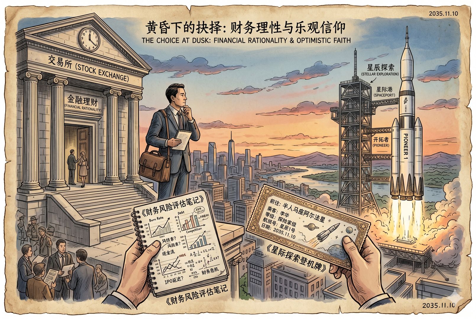 黄昏下的投资者站在交易所台阶与发射塔之间，手里一边是写满风险的笔记，一边是通往星海的船票，远方火箭点火升空，象征在财务理性与乐观信仰间做最终抉择，羊皮纸，钢笔彩色手绘的统一风格。