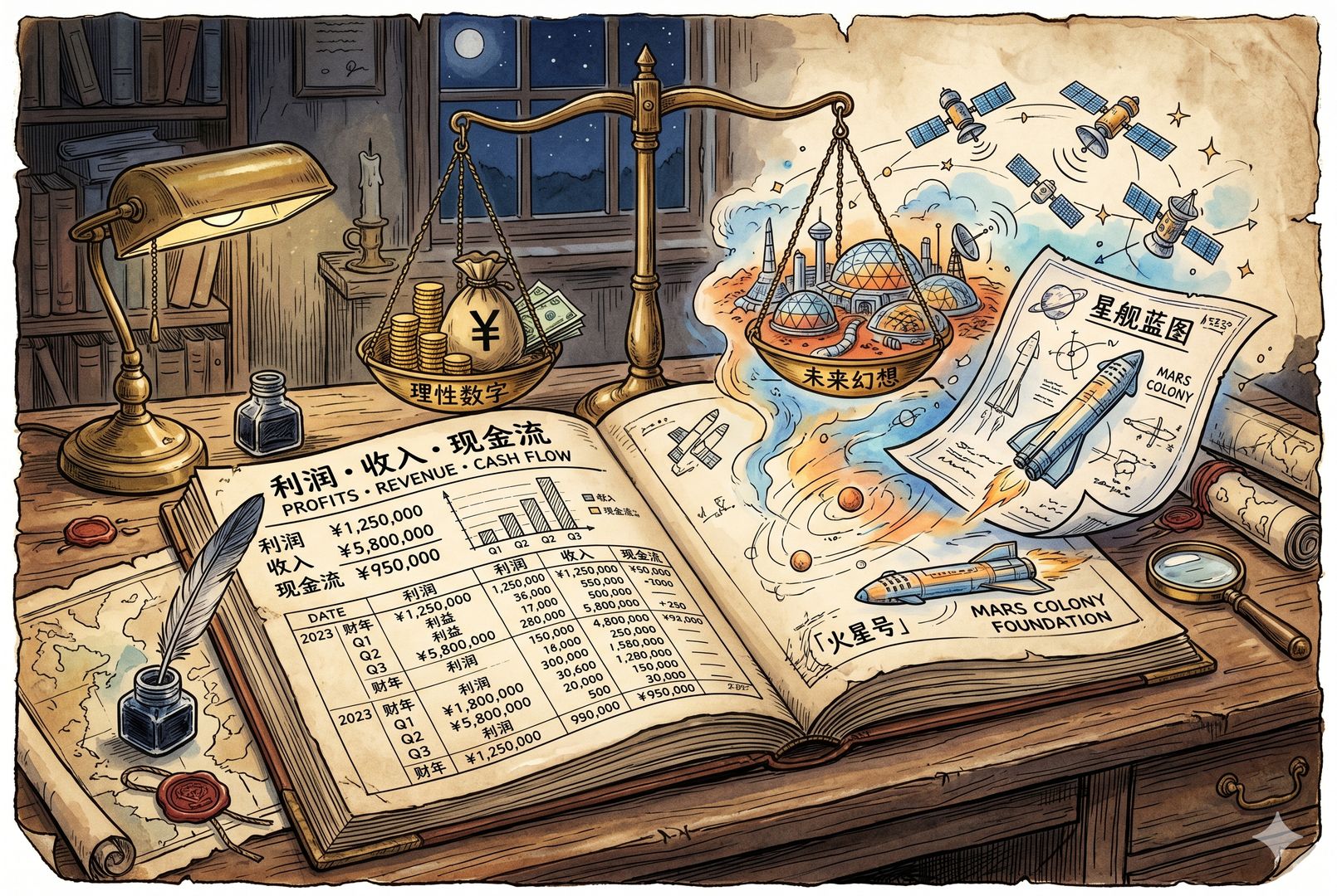  一张古典书桌上摊开两本对照账本，一边写着利润、收入、现金流，另一边漂浮着火星城市、卫星网络和星舰蓝图，天平在理性数字与未来幻想之间摇摆，羊皮纸，钢笔彩色手绘的统一风格。