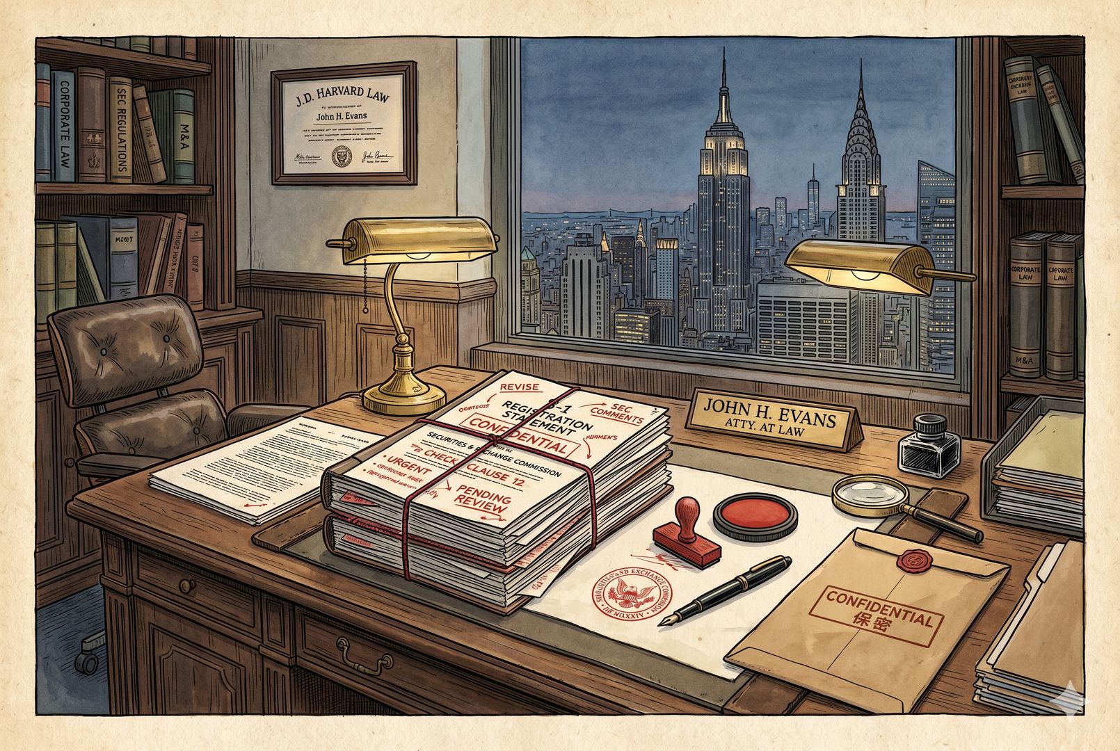 一间安静的法律事务办公室里，厚厚的上市申请文件、SEC印章、红笔批注和保密封套整齐摆放，窗外隐约可见曼哈顿天际线，画面严谨而克制，羊皮纸，钢笔彩色手绘的统一风格。