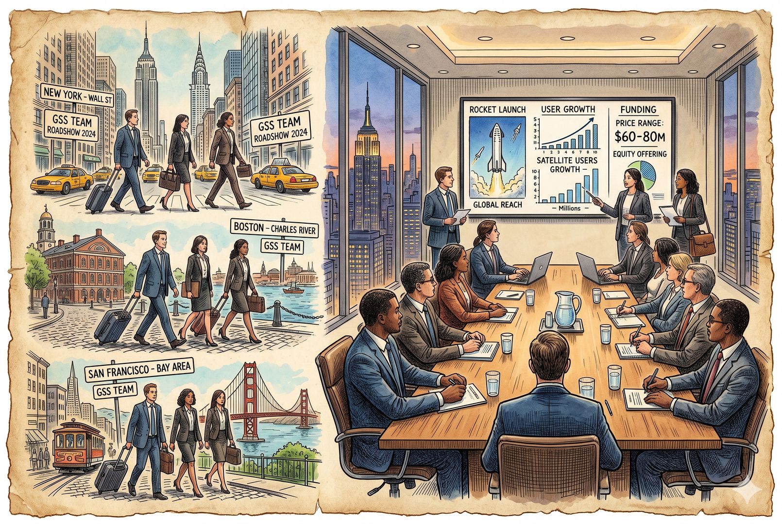 一支路演团队拖着行李箱穿梭于纽约、波士顿和旧金山，高楼会议室里机构投资者围坐长桌，屏幕上展示火箭发射、卫星用户增长与报价区间，羊皮纸，钢笔彩色手绘的统一风格。