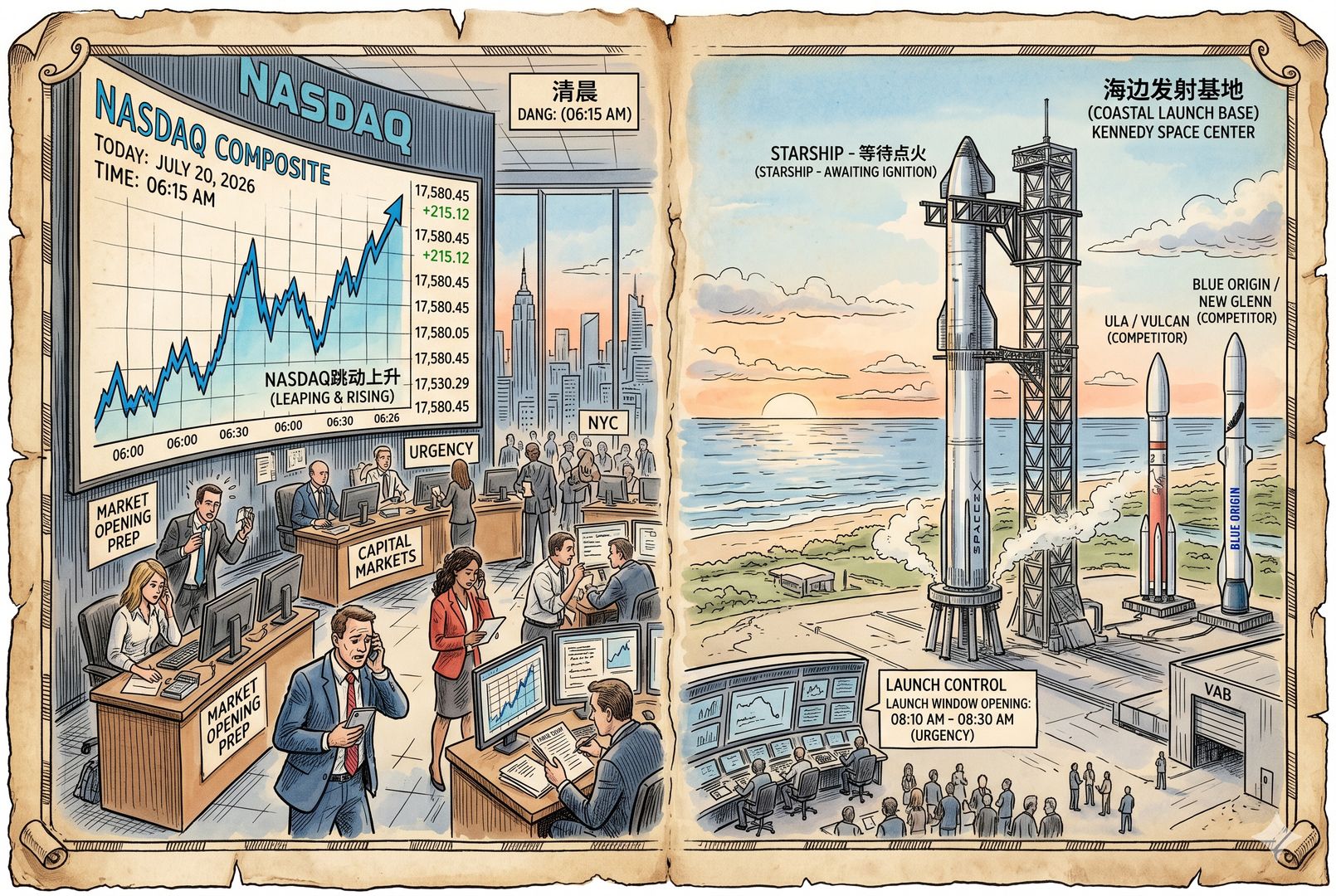 清晨的资本市场交易大厅与海边发射基地形成并置画面，一边是跳动上升的纳斯达克曲线，另一边是等待点火的星舰与逼近的竞争者火箭，空气里充满窗口期的紧迫感，羊皮纸，钢笔彩色手绘的统一风格。