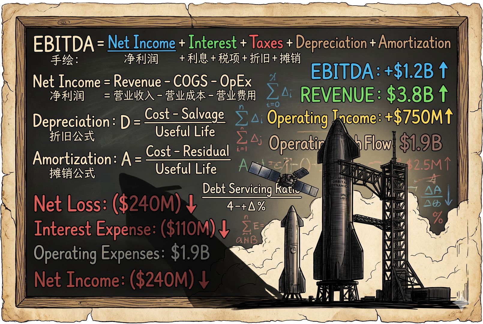 一块巨大的黑板上写满EBITDA、净利润、折旧、摊销等公式，前景是火箭、卫星和发射塔的剪影投下沉重阴影，亮眼的营业数据与暗色亏损数字形成强烈对比，羊皮纸，钢笔彩色手绘的统一风格。