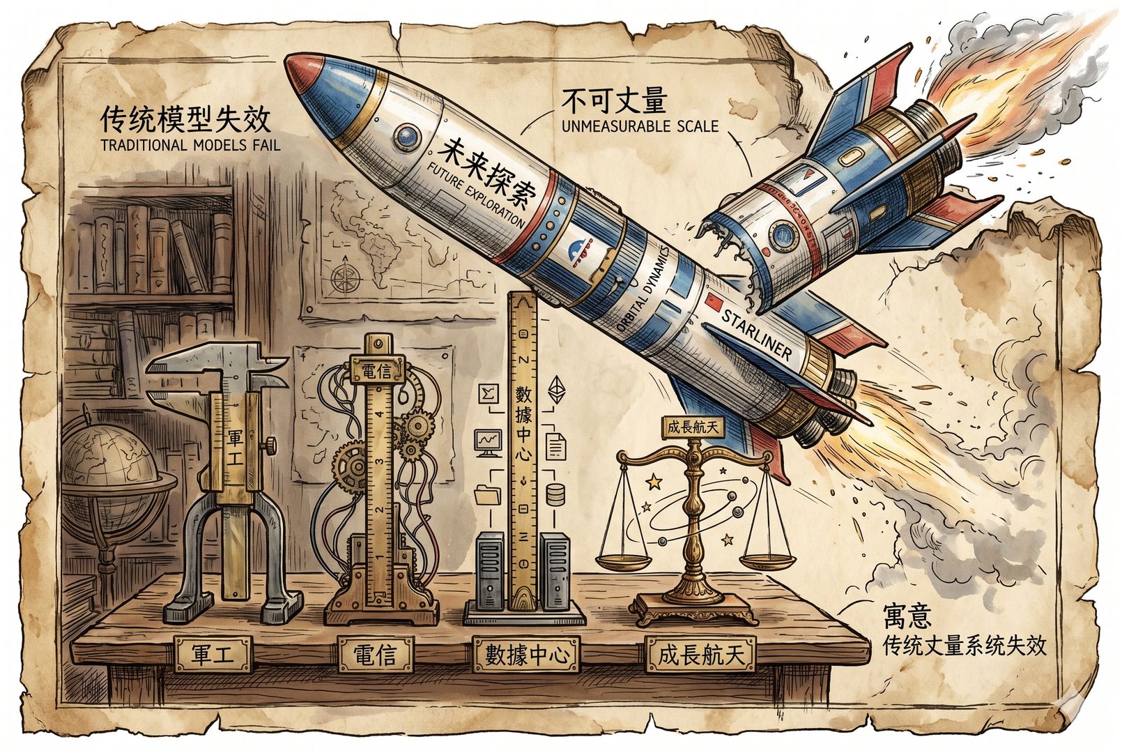 一排旧世界的量具和尺子摆在桌上，分别标着军工、电信、数据中心、成长航天，它们试图丈量一枚冲出边框的巨型火箭，尺度明显失真，寓意传统模型失效，羊皮纸，钢笔彩色手绘的统一风格。