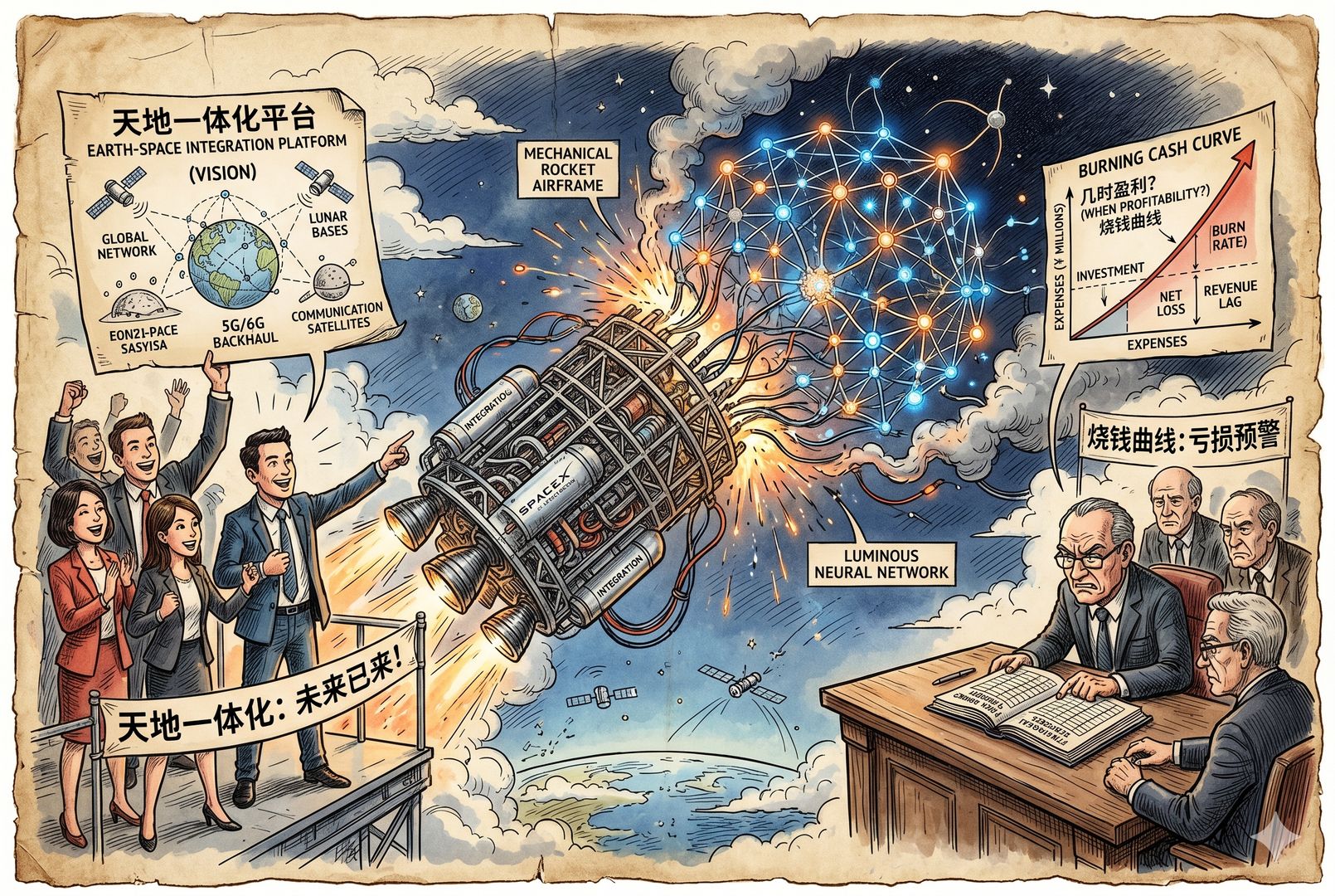 机械火箭骨架与发光神经网络在半空中拼接，一侧是兴奋的投资人描绘天地一体化平台，另一侧是皱眉审账的股东盯着烧钱曲线，形成鲜明对立，羊皮纸，钢笔彩色手绘的统一风格。