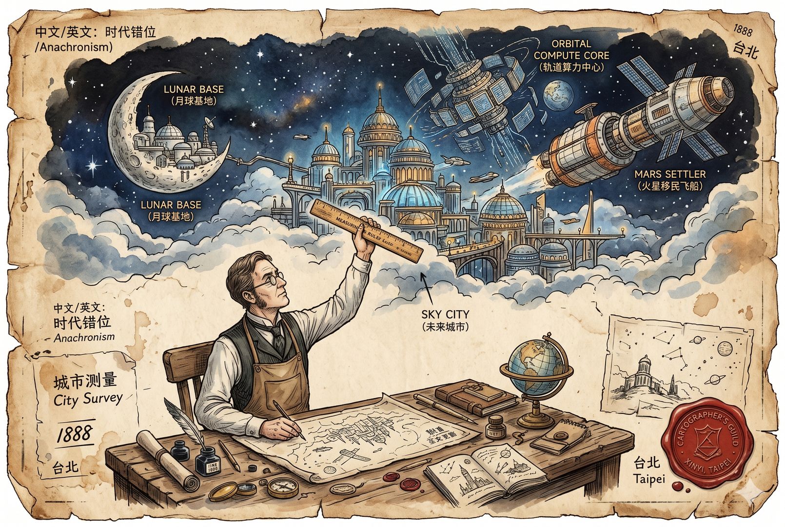 一位制图师在旧式工作台前举起木尺测量天空中的未来城市，月球基地、轨道算力中心、火星移民飞船从云层后延展出来，旧尺明显短小，画面充满时代错位感，羊皮纸，钢笔彩色手绘的统一风格。