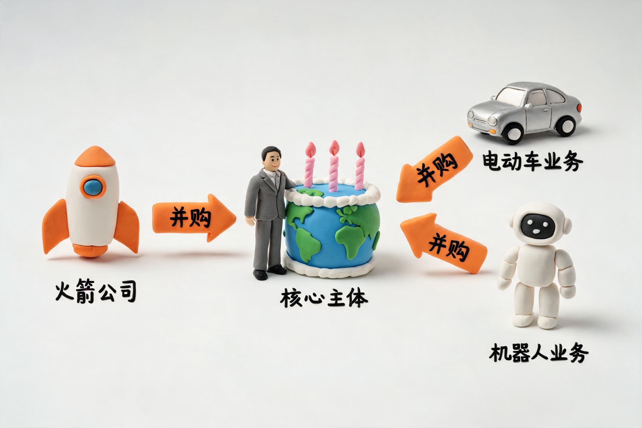 马斯克站在生日蛋糕形状的地球旁，左侧是火箭公司标志化火箭，右侧是电动车与机器人，三者被并购箭头连接成一张商业关系图，浅色背景的商业评论版橡皮泥平面信息图的统一风格。
