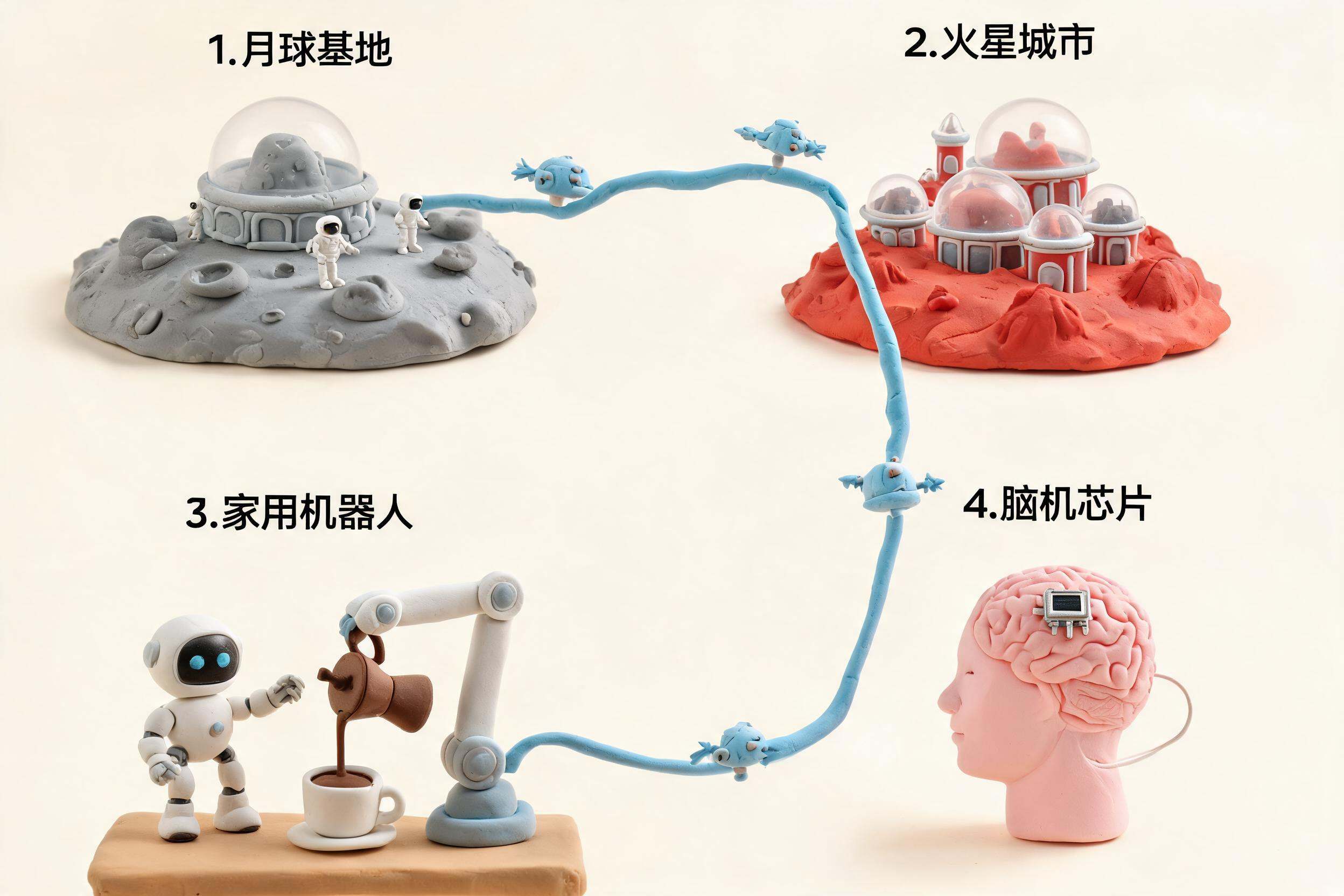 月球基地、火星城市、家用机器人倒咖啡和脑机芯片四个未来场景被同一条星舰航线串联，浅色背景的商业评论版橡皮泥平面信息图的统一风格。