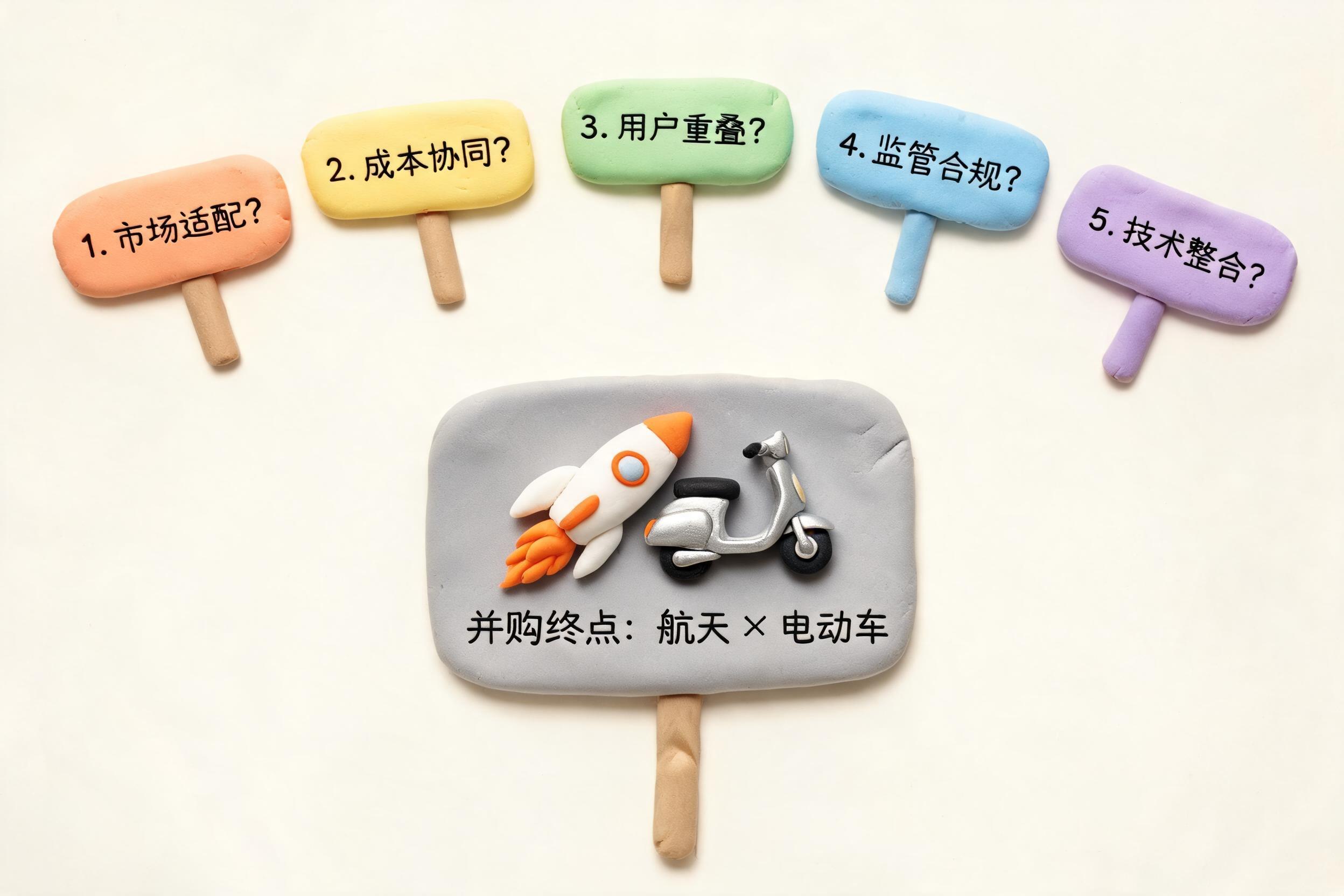 五个编号问题像路标一样排成弧线，通向中央一枚火箭与一辆电动车重叠的并购终点牌，浅色背景的商业评论版橡皮泥平面信息图的统一风格。
