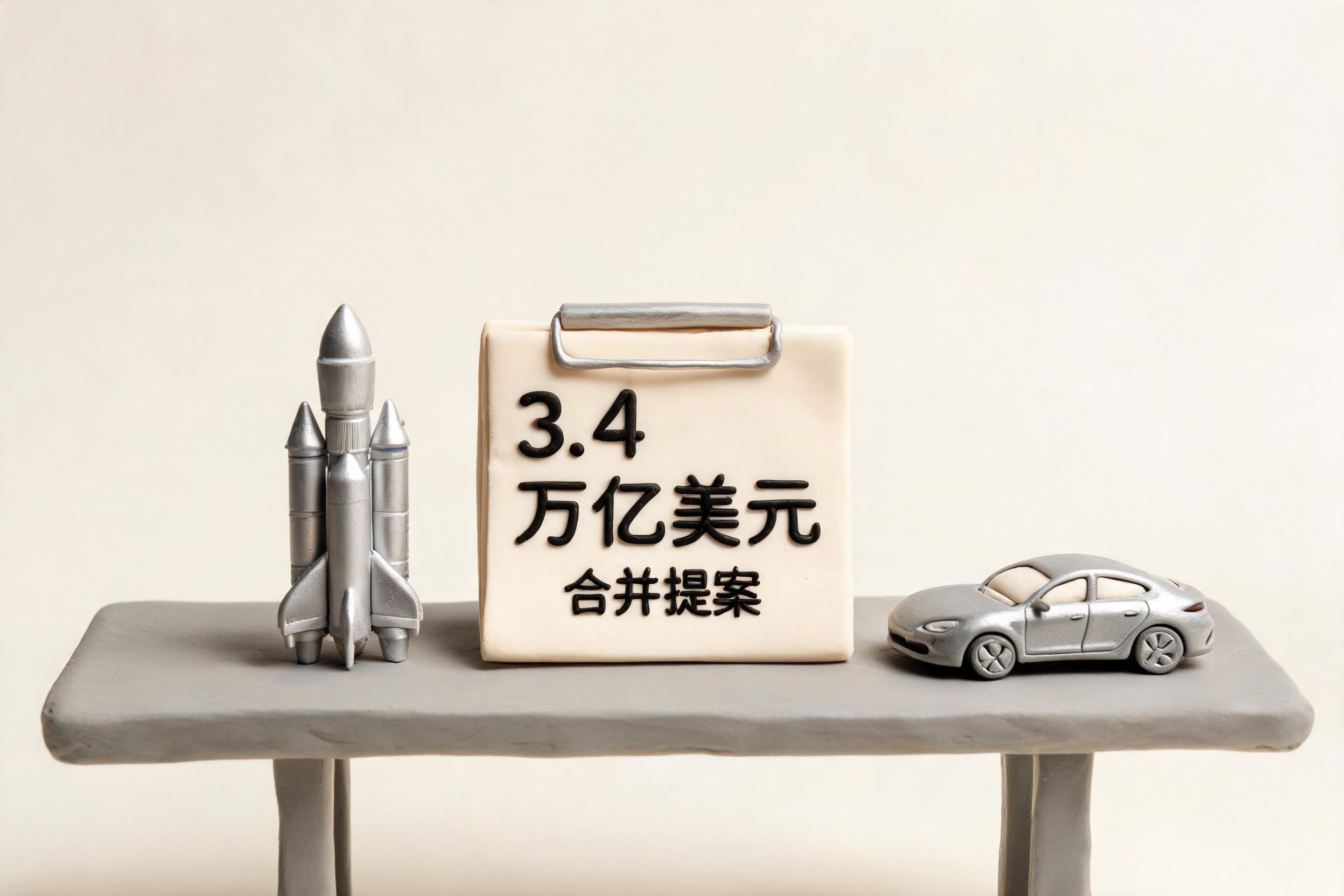 一张会议桌上摆着 SpaceX 火箭模型和特斯拉小车模型，桌面中央竖起写着 3.4 万亿美元的合并文件夹，浅色背景的商业评论版橡皮泥平面信息图的统一风格。