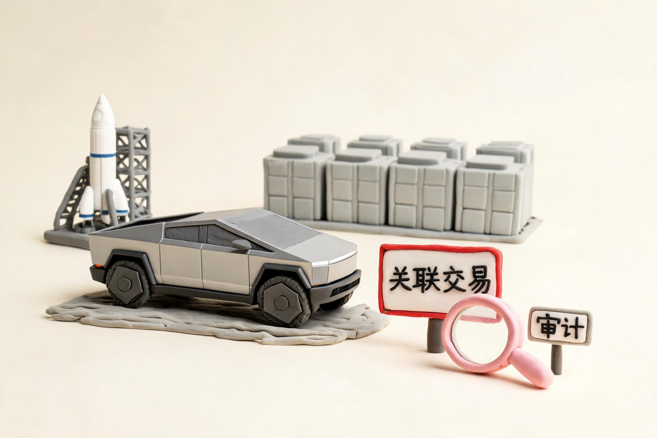 火箭发射场旁边停着一辆 Cybertruck，远处有 Megapack 储能柜，旁边竖着关联交易警示牌和审计放大镜，浅色背景的商业评论版橡皮泥平面信息图的统一风格。