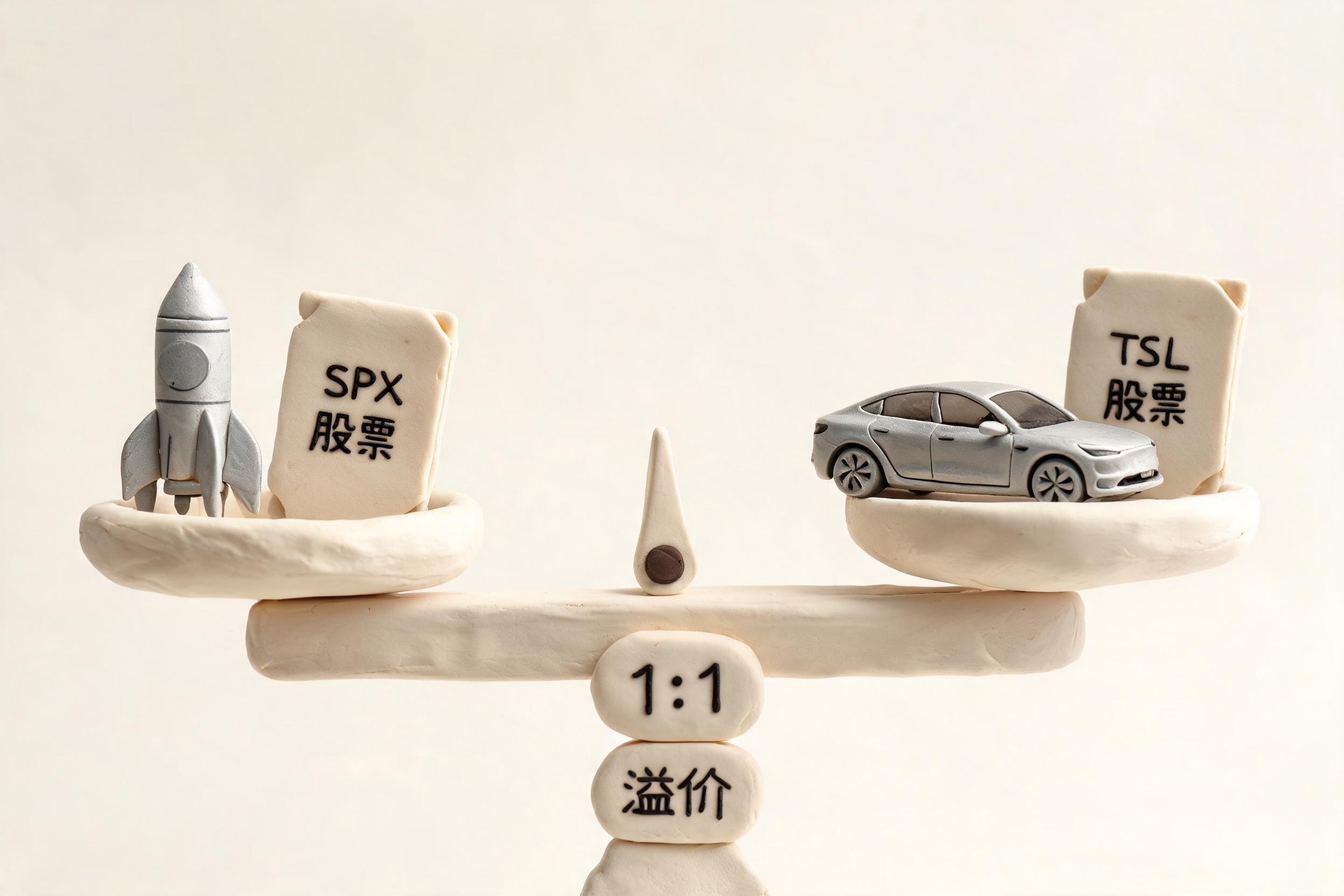 一架天平左盘放着 SpaceX 股票凭证和火箭模型，右盘放着特斯拉股票凭证和电动车模型，中间标着 1:1 与溢价小标签，浅色背景的商业评论版橡皮泥平面信息图的统一风格。
