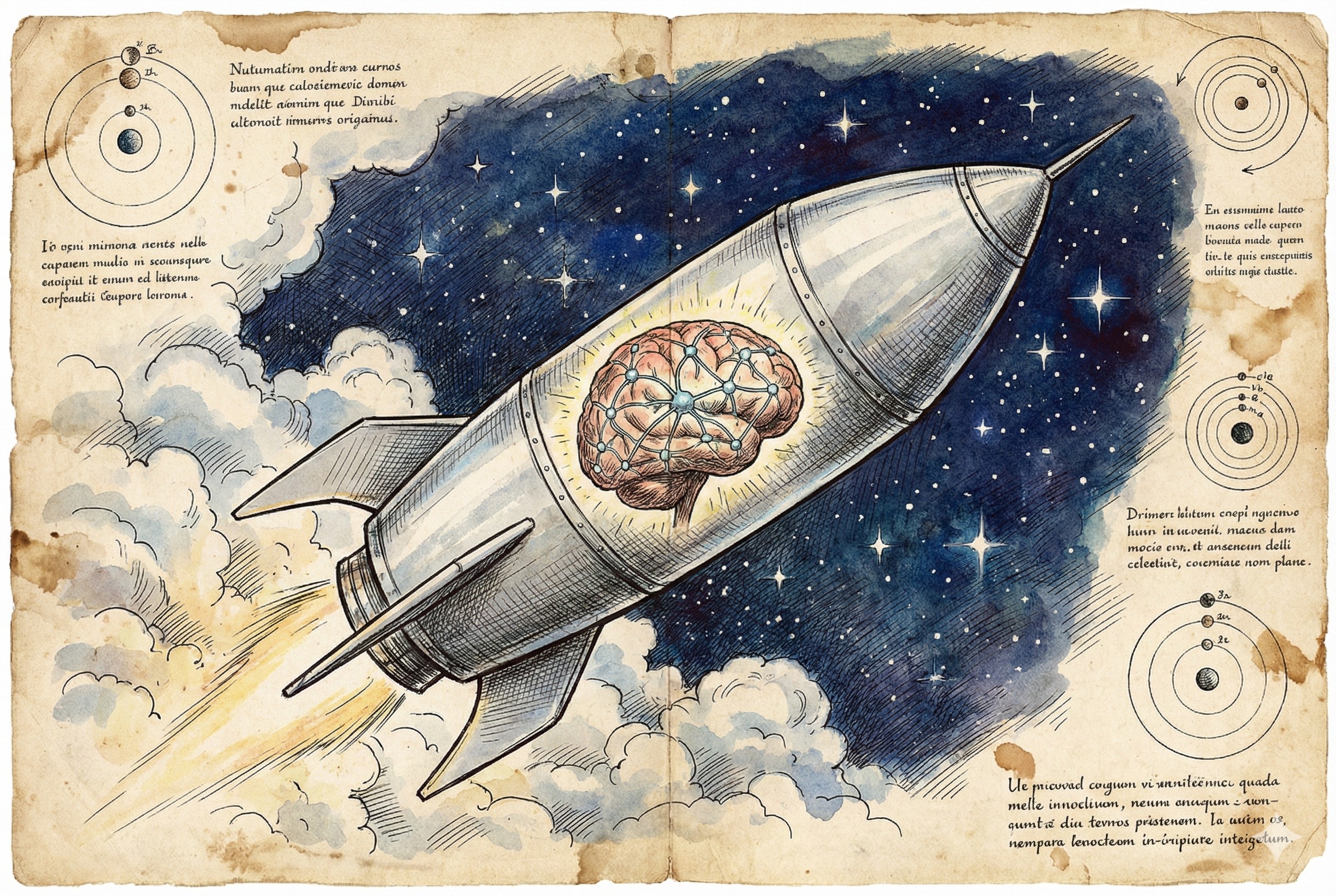 一枚巨大的银色火箭,其核心是一个发光的神经网络大脑,正准备冲破云层,背景是深邃的星空,羊皮纸,钢笔彩色手绘的统一风格。