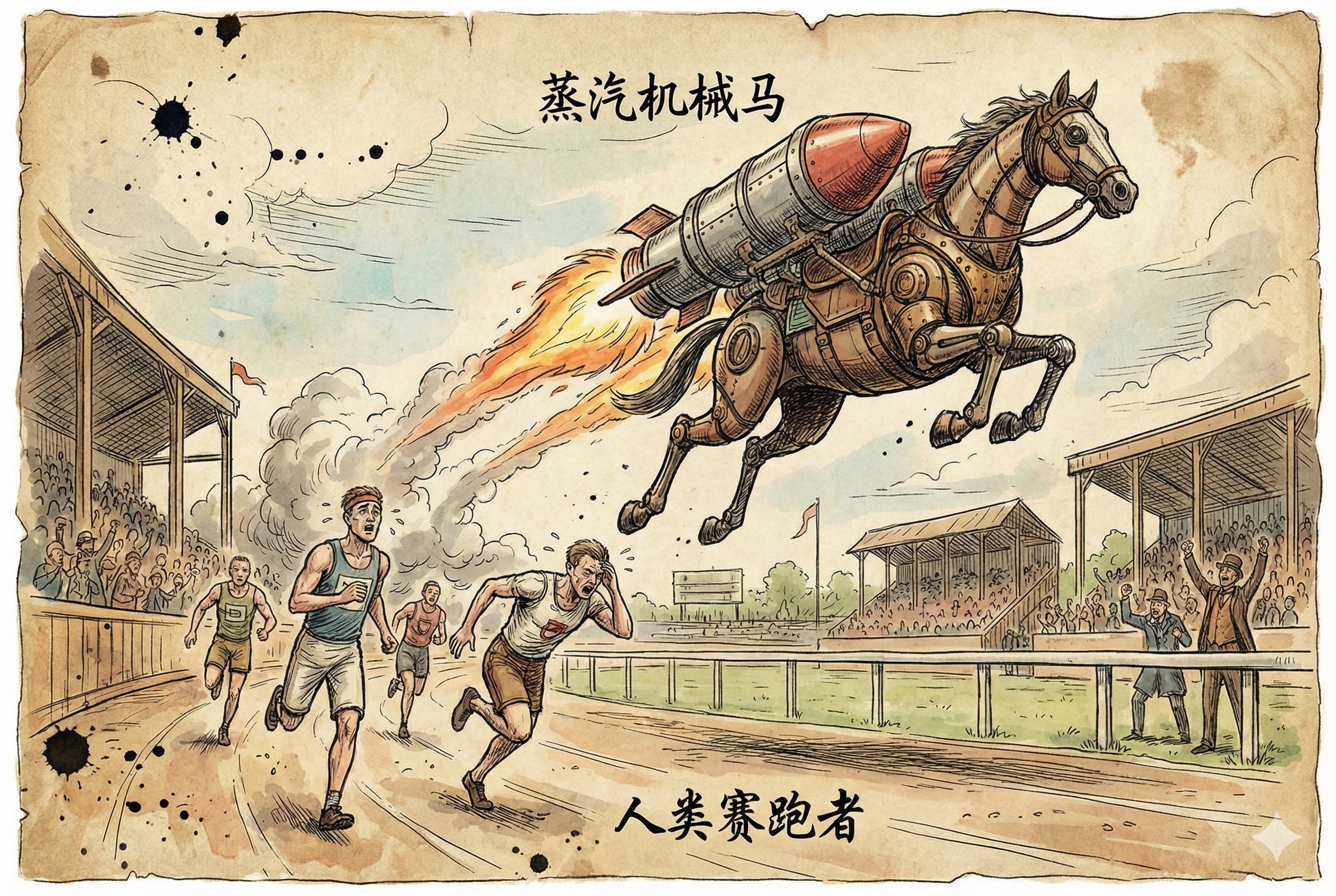 赛马场跑道上,一匹装备了火箭推进器的机械马遥遥领先,后面是几个气喘吁吁的人类赛跑者,羊皮纸,钢笔彩色手绘的统一风格。