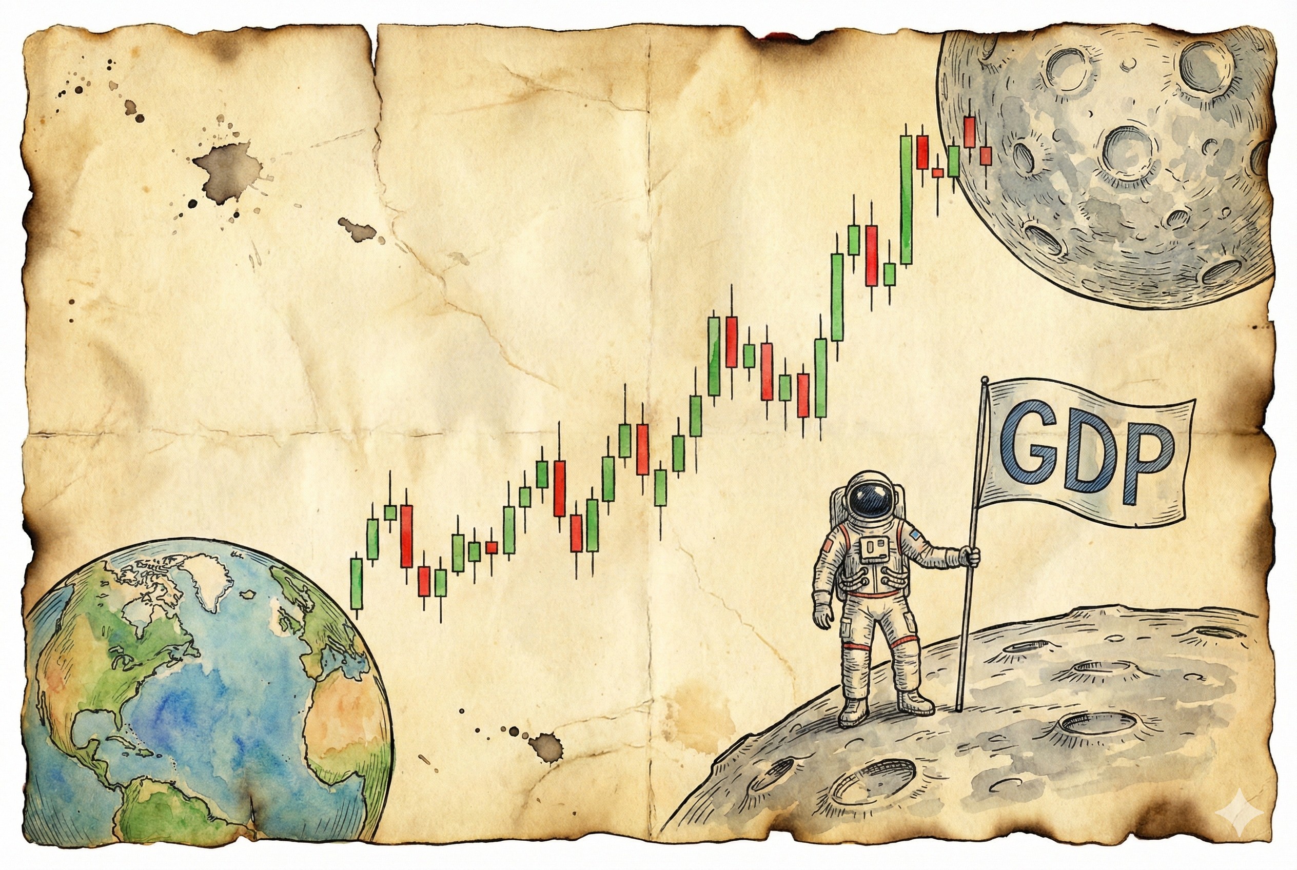一条向上的股票K线图一直延伸至月球表面,宇航员在月球上插上一面写着“GDP”的旗帜,羊皮纸,钢笔彩色手绘的统一风格。