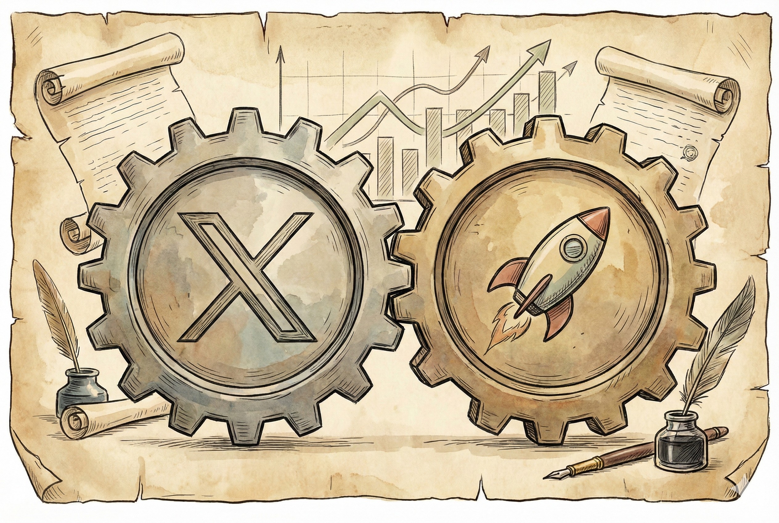 两个巨大的机械齿轮紧密咬合,一个刻着X标志,一个刻着火箭标志,背景是隐约可见的上涨股票曲线,羊皮纸,钢笔彩色手绘的统一风格。