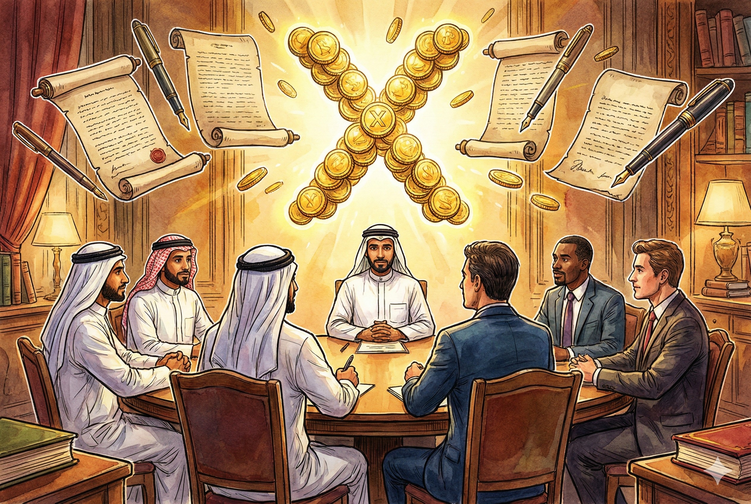 一张圆桌旁坐着穿着阿拉伯长袍和西装的投资人,桌子中央悬浮着闪耀的金币堆成的X符号,羊皮纸,钢笔彩色手绘的统一风格。