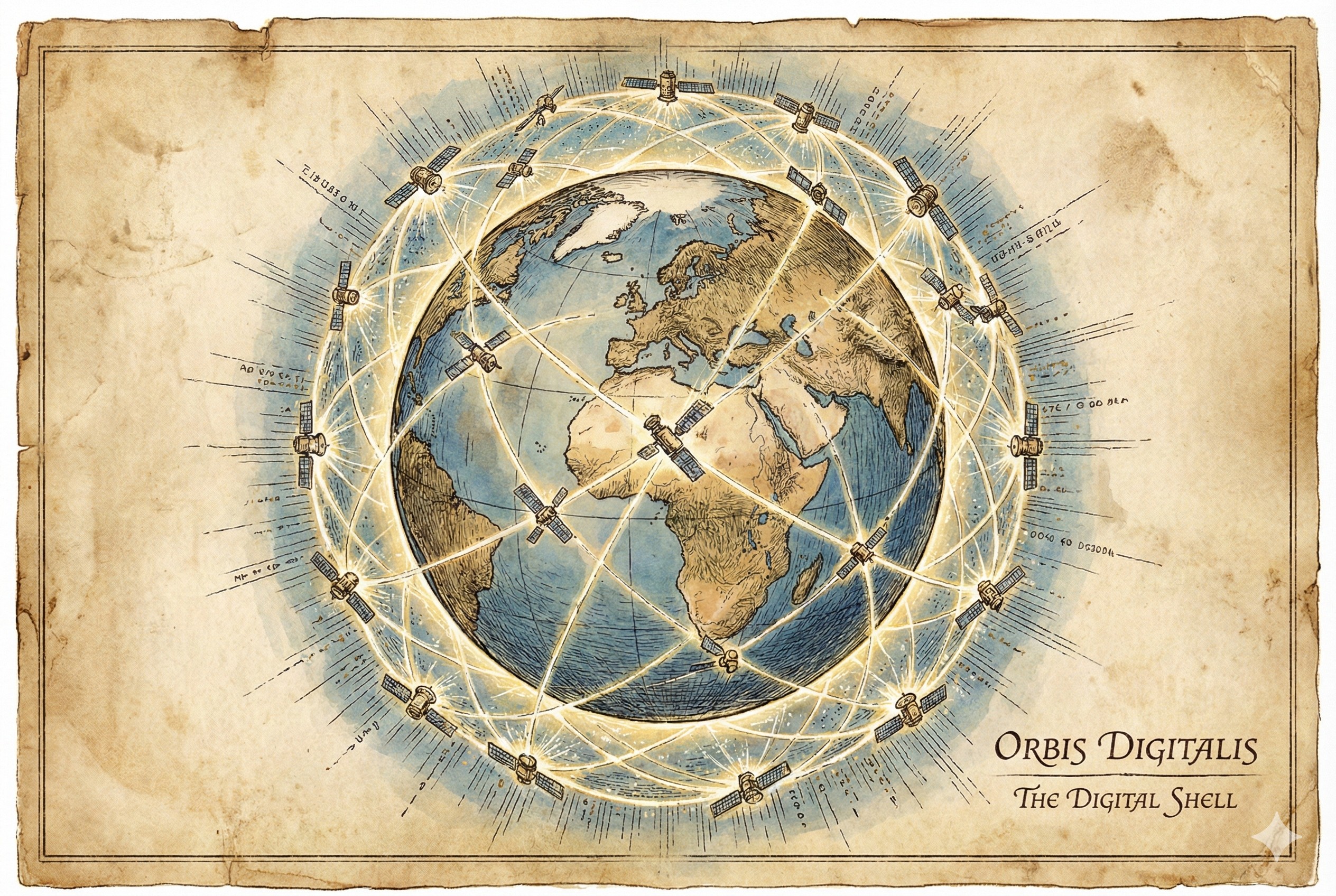 地球外围包裹着一层密集的卫星网络,形成一个发光的数字壳层,如同给地球穿上了一件科技外衣,羊皮纸,钢笔彩色手绘的统一风格。