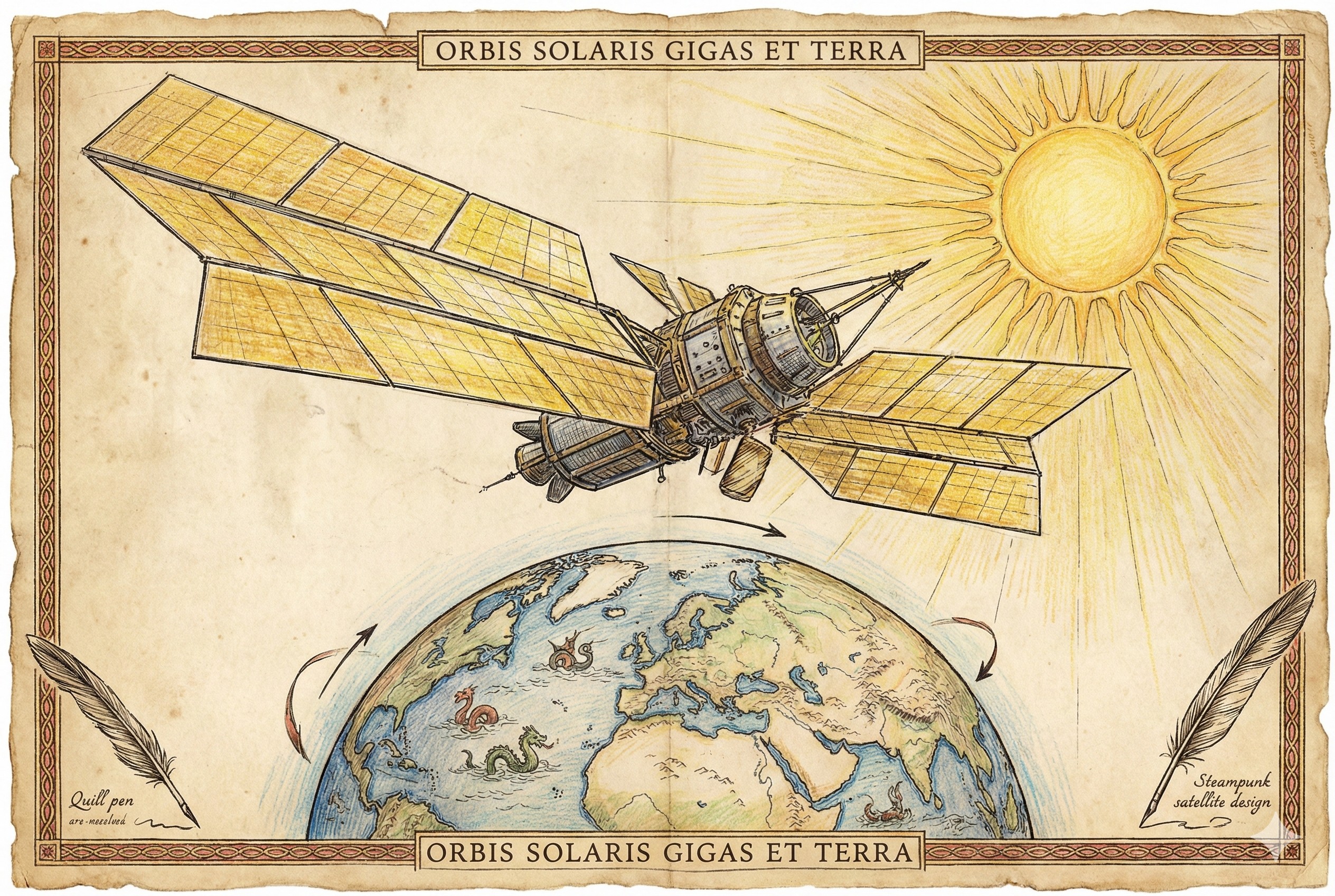 一颗巨大的卫星在太空中展开宽大的金色太阳能板,始终面向耀眼的太阳,而地球在下方旋转,羊皮纸,钢笔彩色手绘的统一风格。