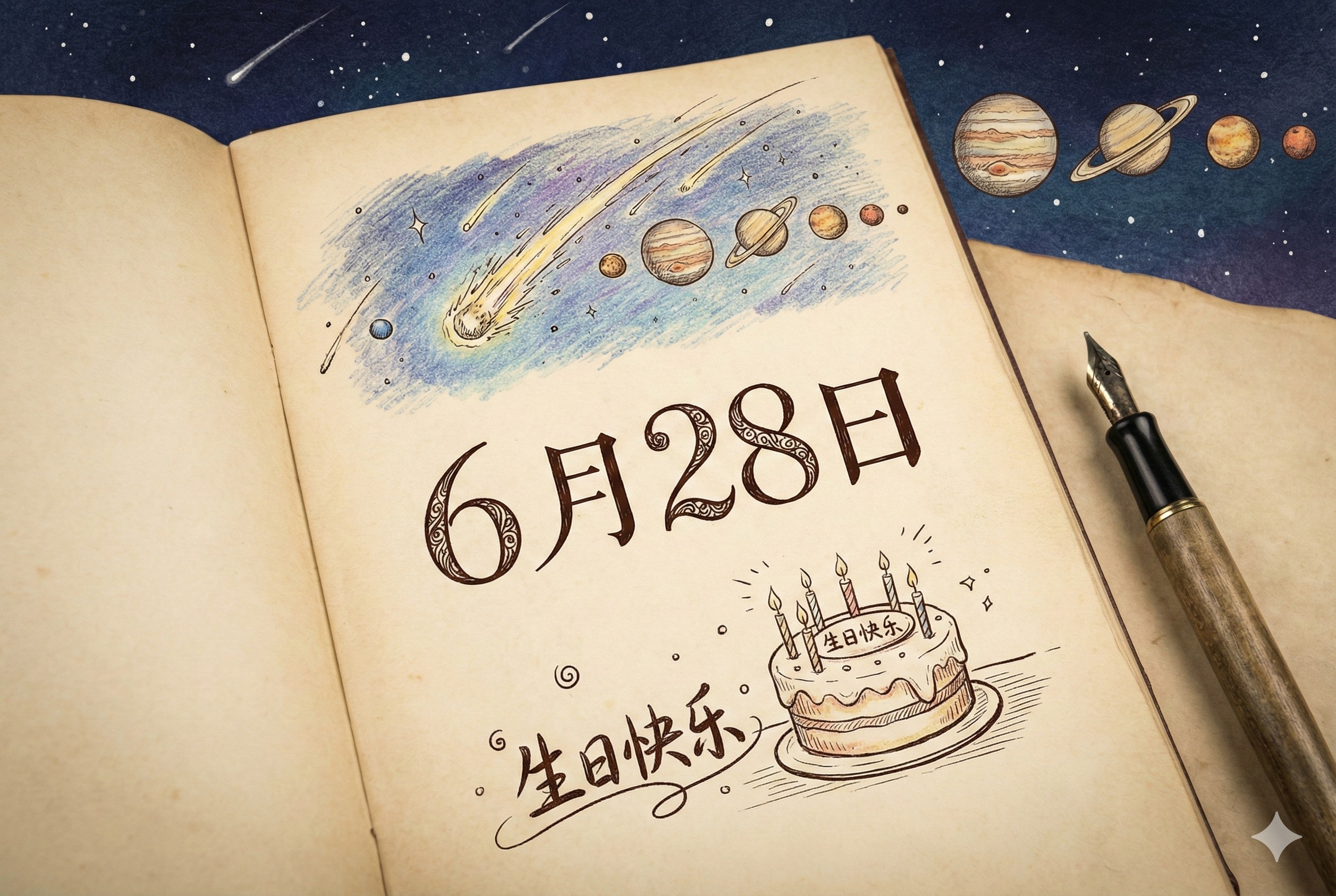 一本翻开的日历显示6月28日,背景是流星雨划过夜空,几颗行星连成一线,并配有生日蛋糕的涂鸦,羊皮纸,钢笔彩色手绘的统一风格。