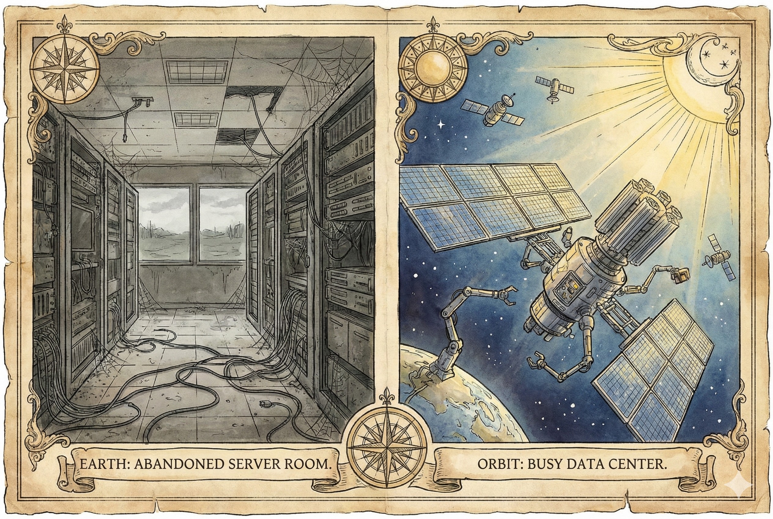 地面上布满灰尘且插头拔掉的服务器机房,对比太空中沐浴阳光且运转繁忙的轨道数据中心,羊皮纸,钢笔彩色手绘的统一风格。