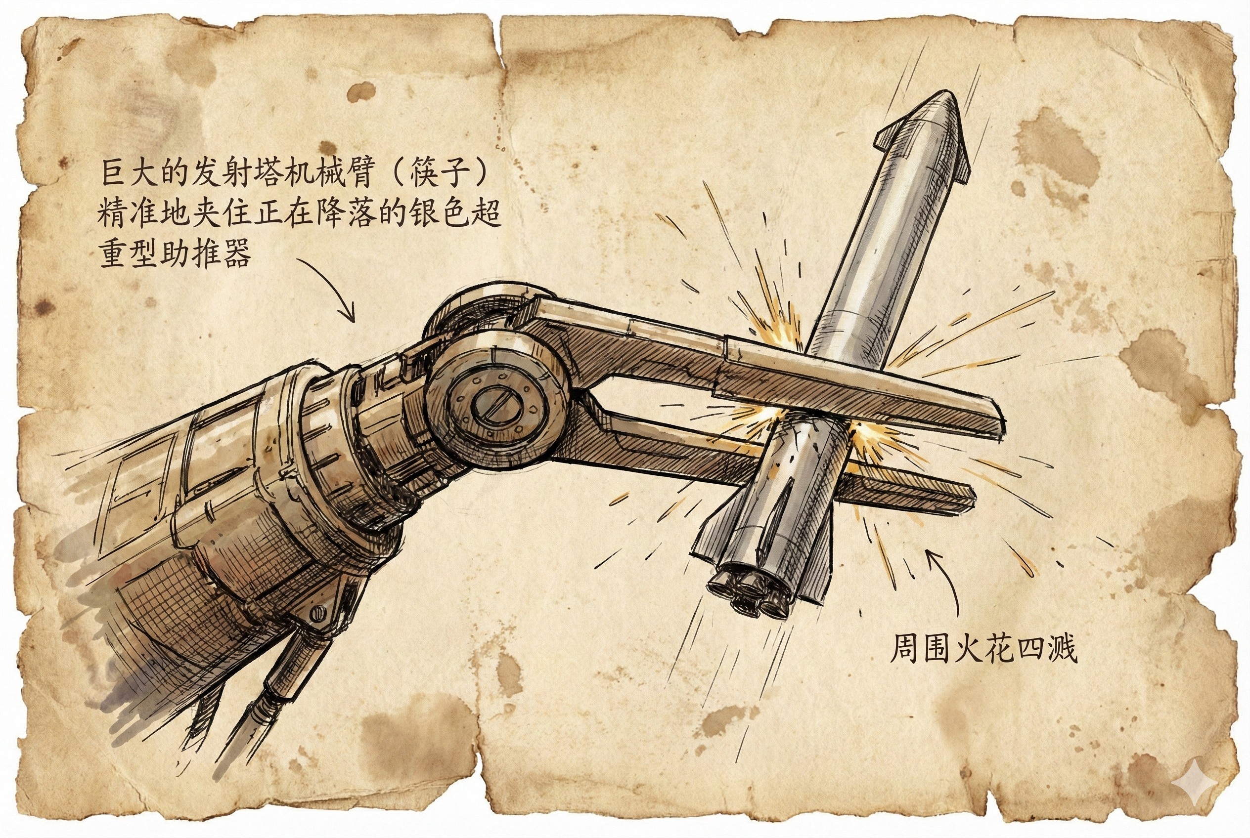巨大的发射塔机械臂(筷子)精准地夹住正在降落的银色超重型助推器,周围火花四溅,羊皮纸,钢笔彩色手绘的统一风格。