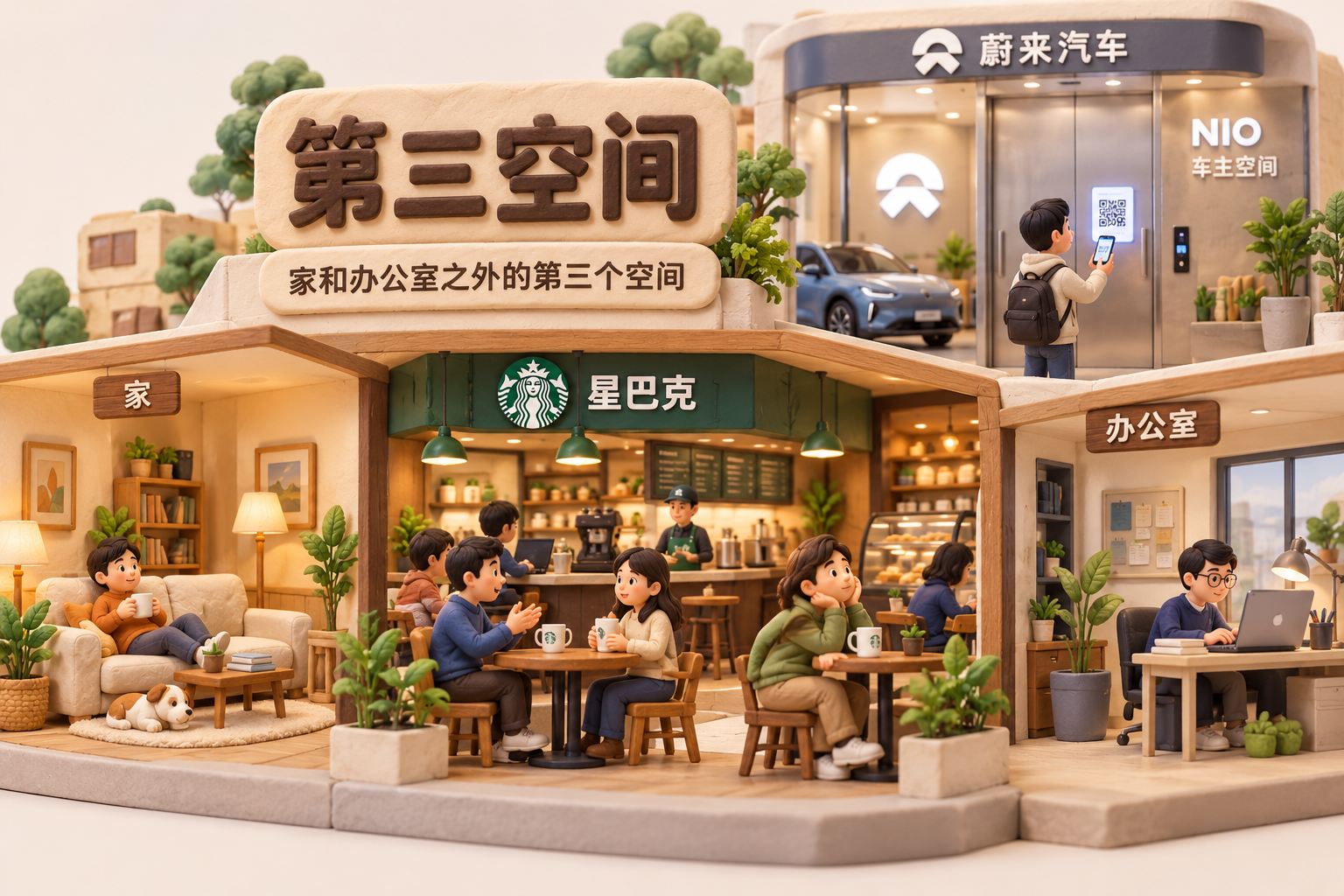 微缩咖啡店剖面中,家庭沙发、办公桌与咖啡店座位形成三个相连但独立的立体区域,咖啡店中有人谈事、有人发呆,后方设置蔚来中心车主空间的电梯口和手持手机扫码的车主,表现文中对第三空间的解释与学习关系;可见事实元素:标签“第三空间”“家和办公室之外的第三个空间”“星巴克”“蔚来汽车”“APP”,二维码只作扫码道具,不添加消费规