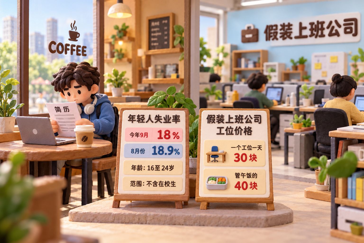 咖啡店窗边投简历的年轻人与另一侧假装上班公司的工位构成立体并置,中央分别摆出青年失业率统计小立牌与工位价格小立牌,两种口径各自独立,不使用人数比例造型,人物只是需求场景;可见事实元素:青年失业率限定为16至24岁、不含在校生,工位价格来自深圳假装上班公司的报道,不能把两种价格画成相同服务