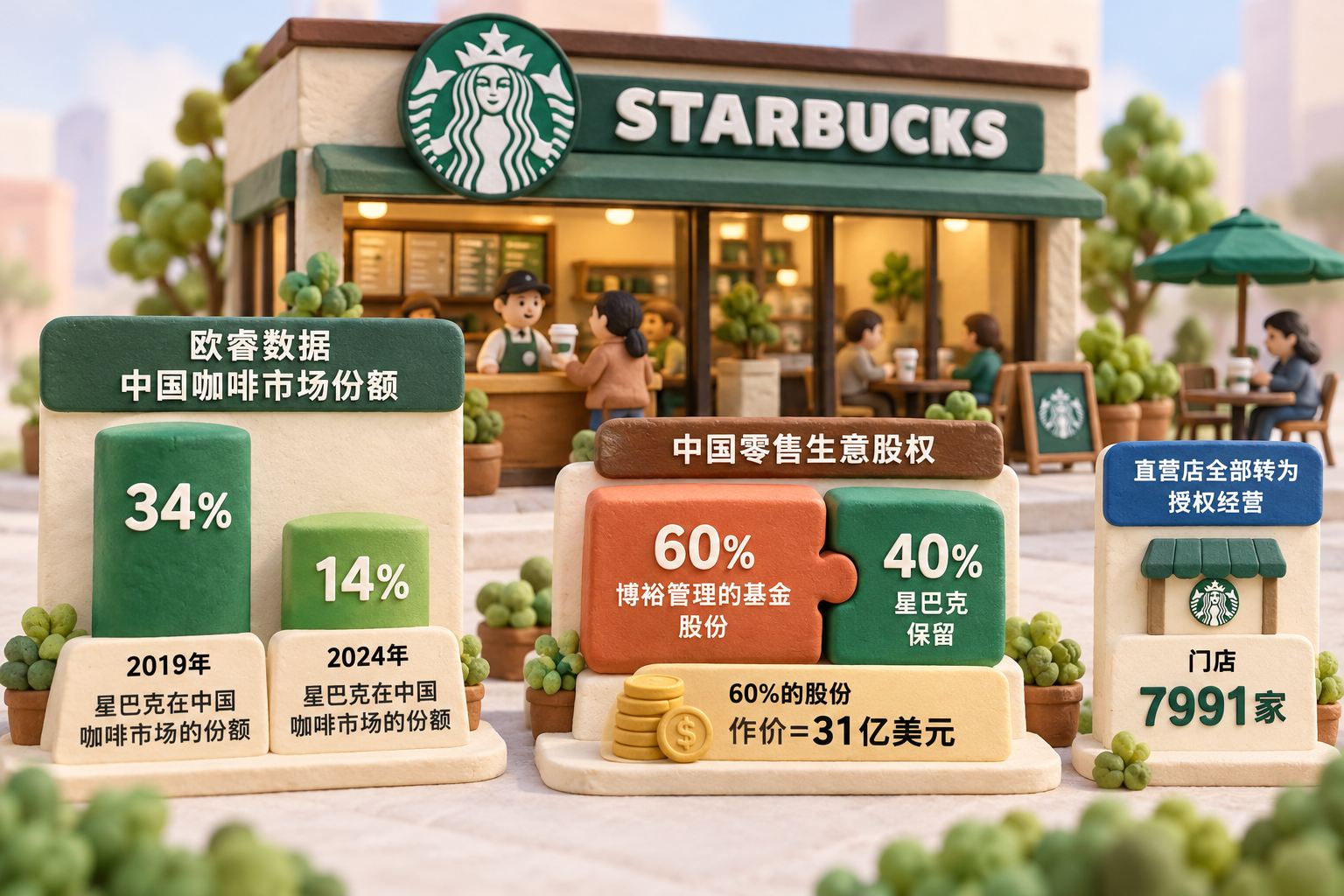 微缩星巴克门店模型前设置两组彼此分开的立体数据立牌,左组表现中国咖啡市场份额的两个年度,右组用两块股权积木表现博裕管理的基金与星巴克,避免把市场份额与股权占比混为一谈;可见事实元素:左组标明欧睿数据、中国咖啡市场份额,右组标明中国零售生意股权及作价币种,授权经营门店另设独立立牌