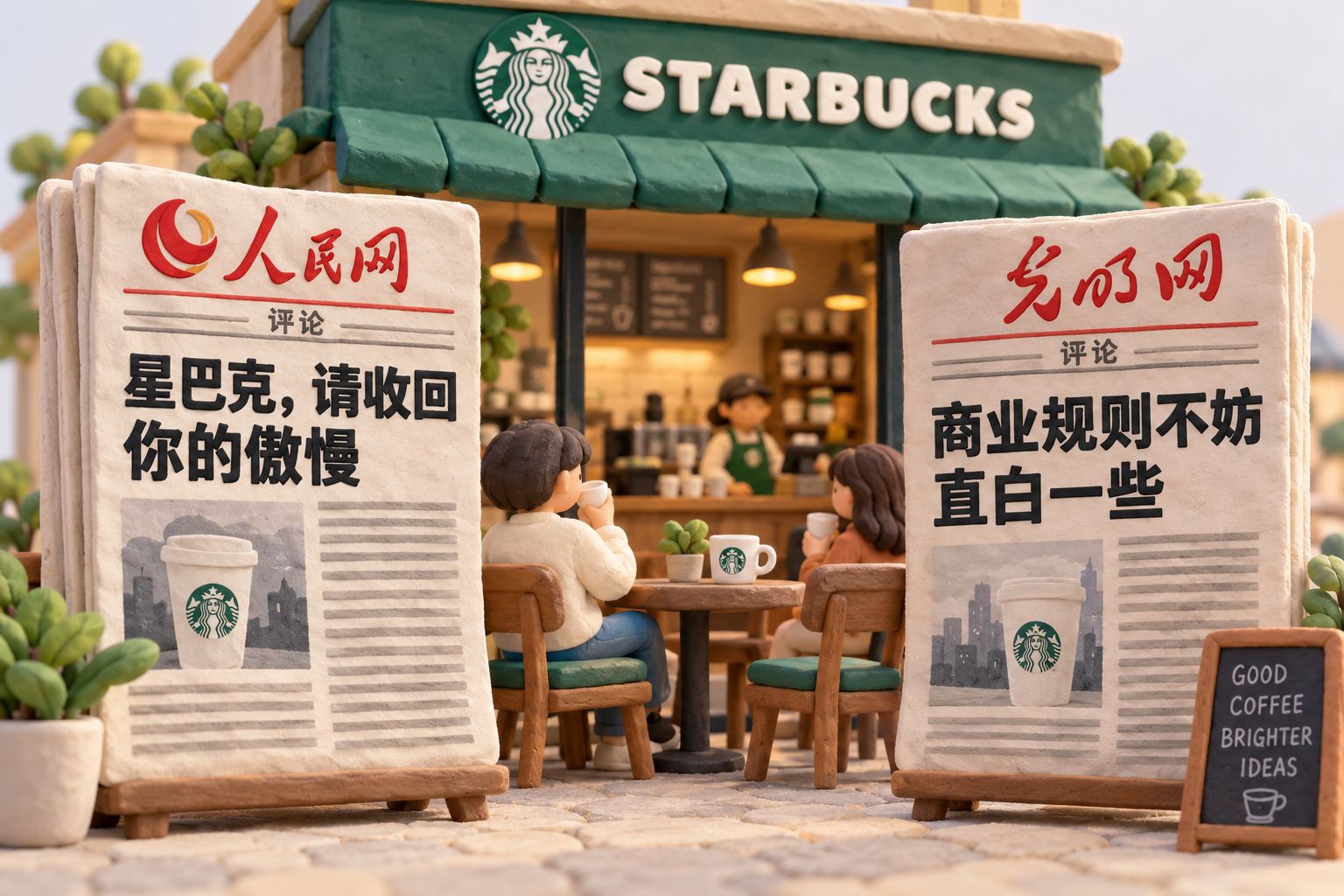 微缩咖啡店旁并排立着两张具有捏塑厚度的评论报纸,左侧报纸对应人民网此前评论,右侧报纸对应此次光明网评论,店中座椅位于两张报纸之间,表现媒体措辞的对照而非幕后交易;可见事实元素:报纸分别标注“人民网”“星巴克,请收回你的傲慢”及“光明网”“商业规则不妨直白一些”,这是文中列出的媒体标题