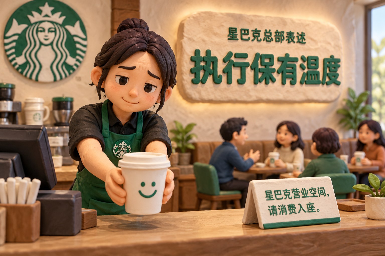 星巴克店员站在柜台与座位区之间,双手正要递出一杯画有笑脸符号的咖啡,神情疲惫但礼貌,旁边放白底绿字消费入座桌牌;墙面只有一块厚实橡皮泥标牌,上方小字“星巴克总部表述”,下方大字“执行保有温度”